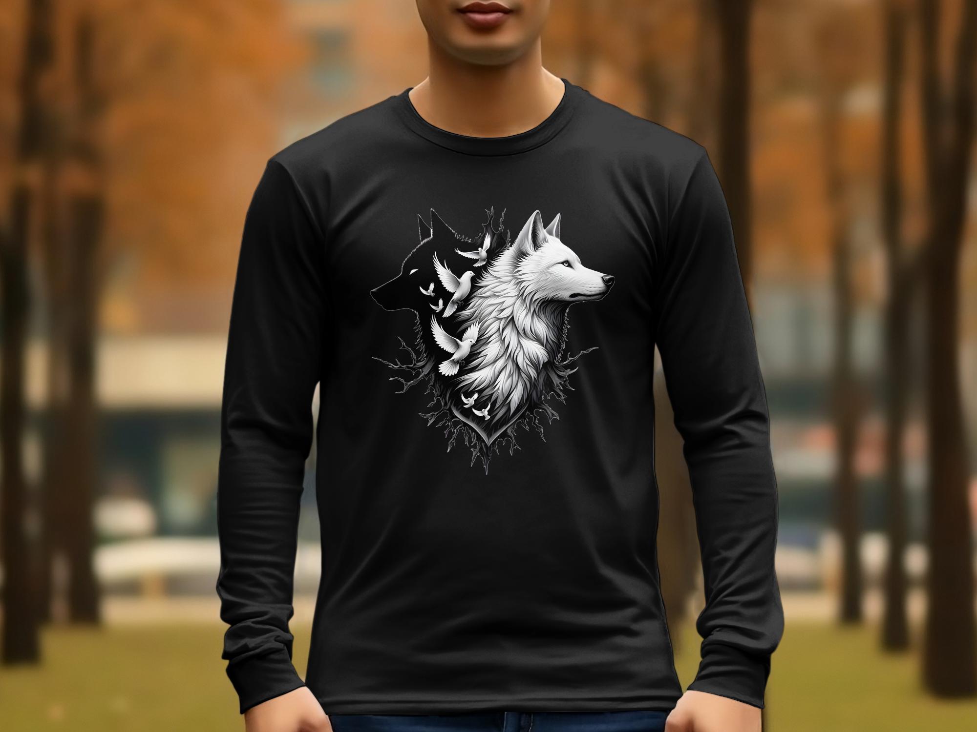 Wolf x Doves - Black White Gildan Long Sleeve Realistic Animal Talisman Unisex Tee Graphic Design