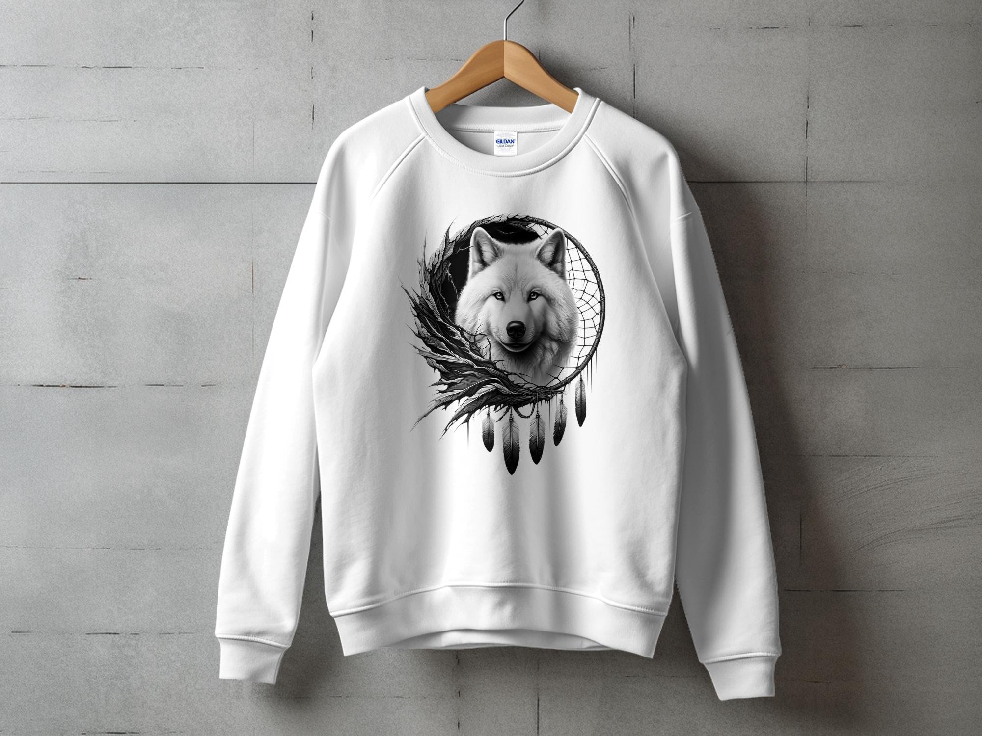 Dreamcatcher Wolf - Coloured Gildan Sweatshirt Realistic Native American Talisman Unisex Mythology Tee Graphic Design