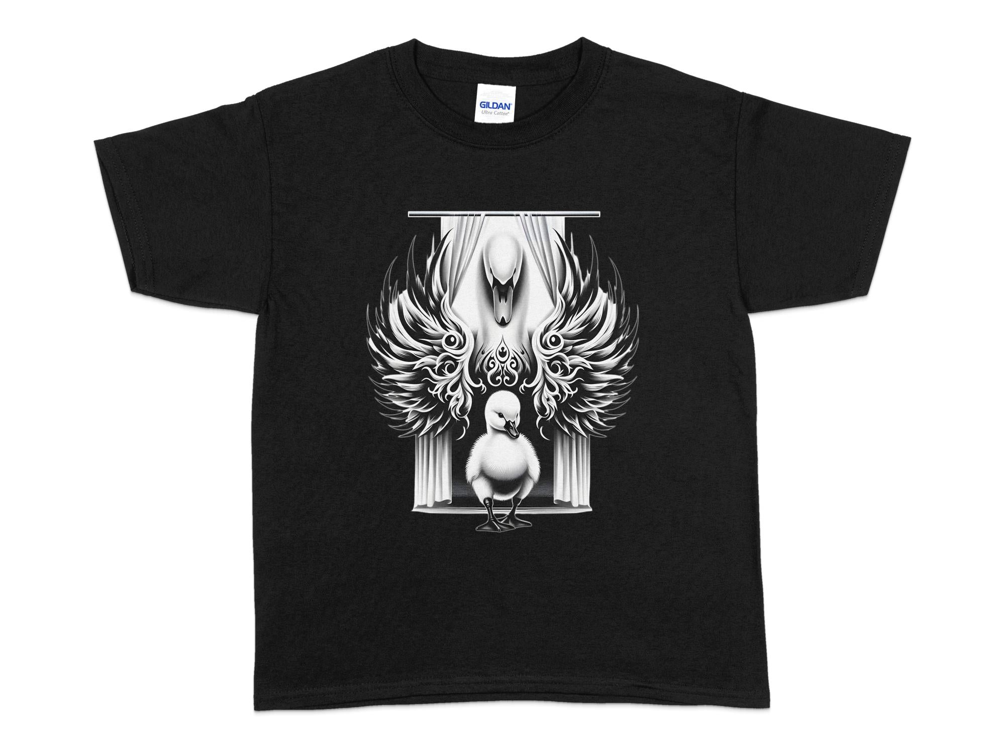 Swan & Cygnet- Black White Gildan Kids T-Shirt Realistic Family Talisman Unisex Tee Graphic Design