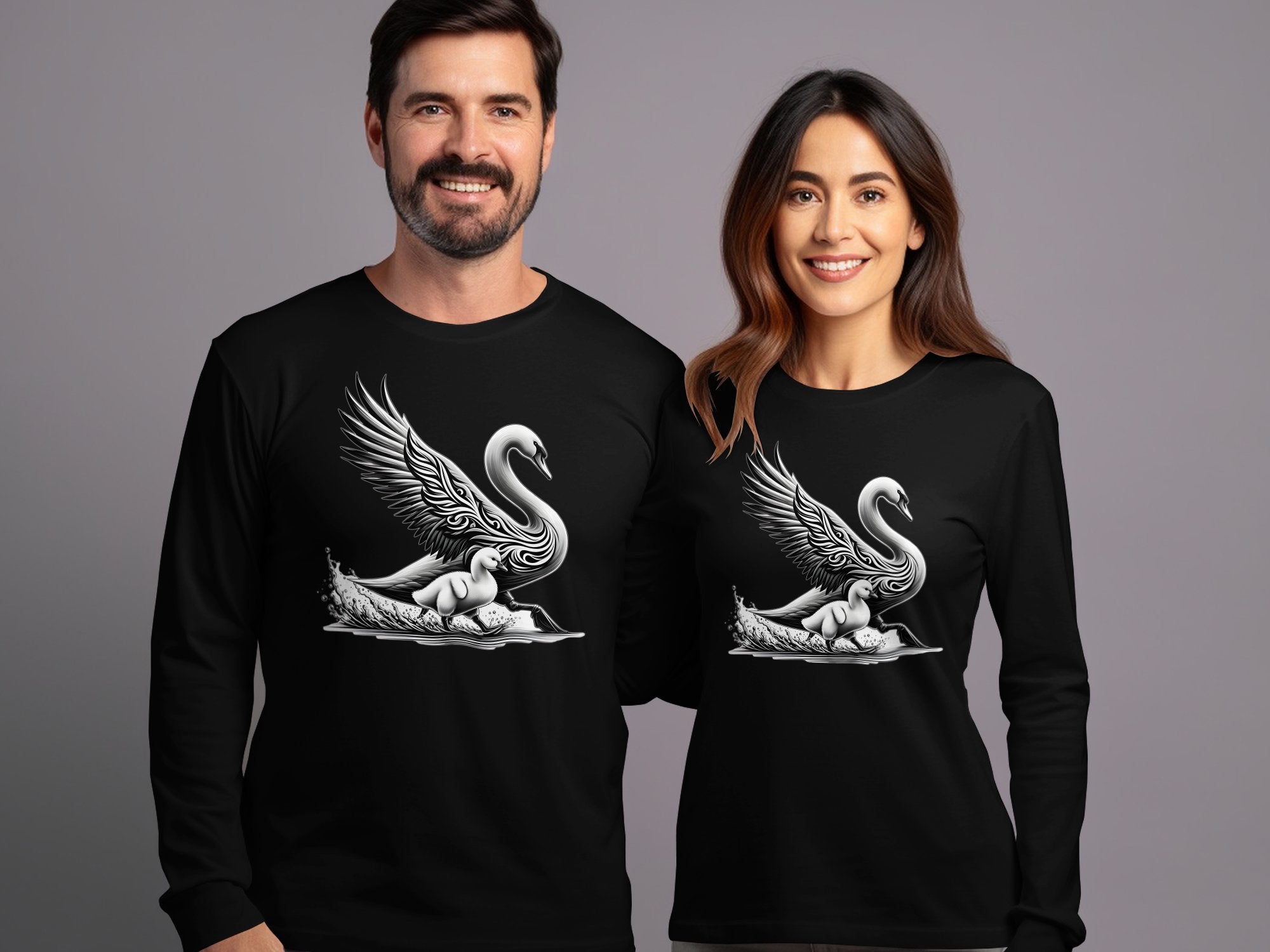 Swan & Cygnet- Black White Gildan Long Sleeve Realistic Family Talisman Unisex Tee Graphic Design