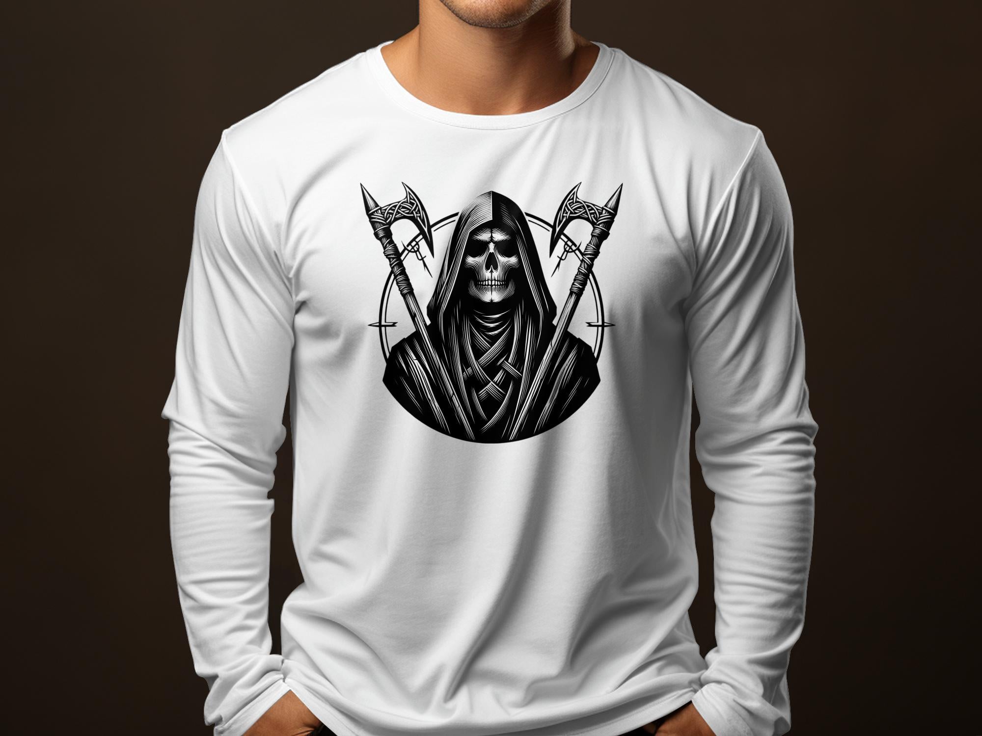 Grim Reaper - Black White Gildan Long Sleeve Commemorative Talisman Unisex Tee Graphic Design