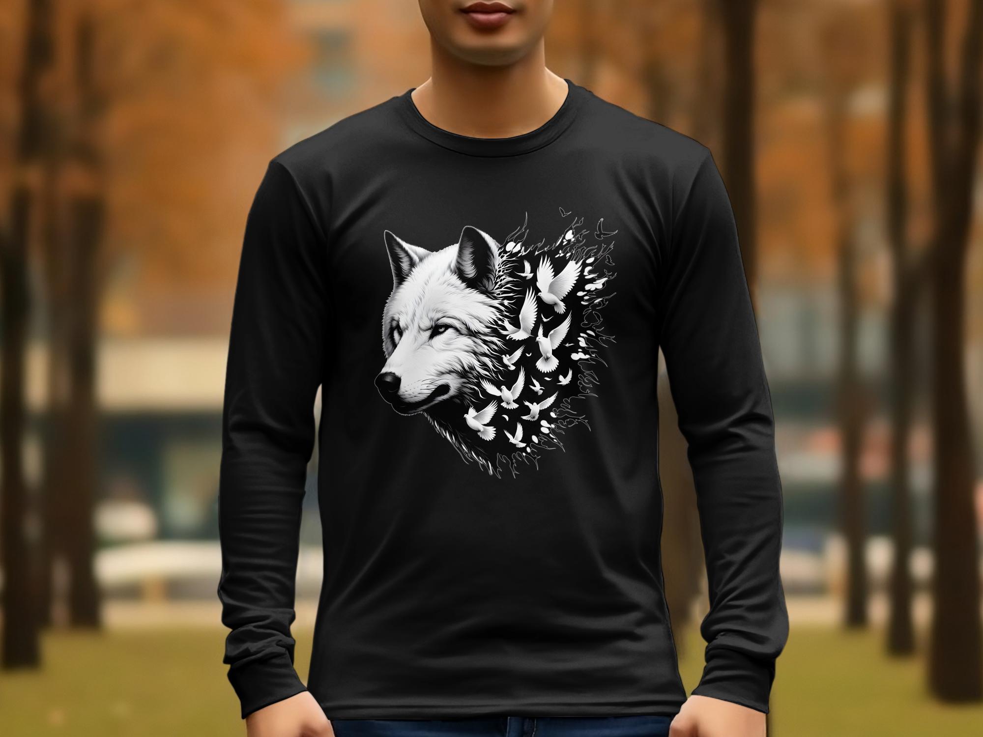 Wolf x Doves - Black White Gildan Long Sleeve Realistic Animal Talisman Unisex Tee Graphic Design