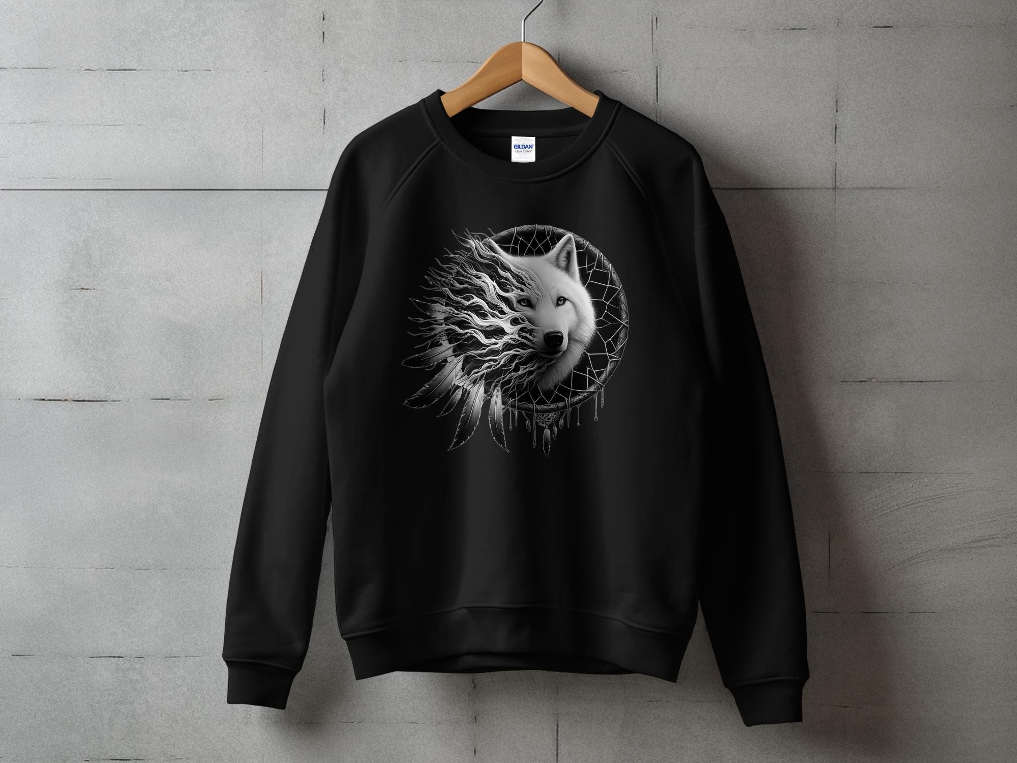 Dreamcatcher Wolf - Coloured Gildan Sweatshirt Realistic Native American Talisman Unisex Mythology Tee Graphic Design