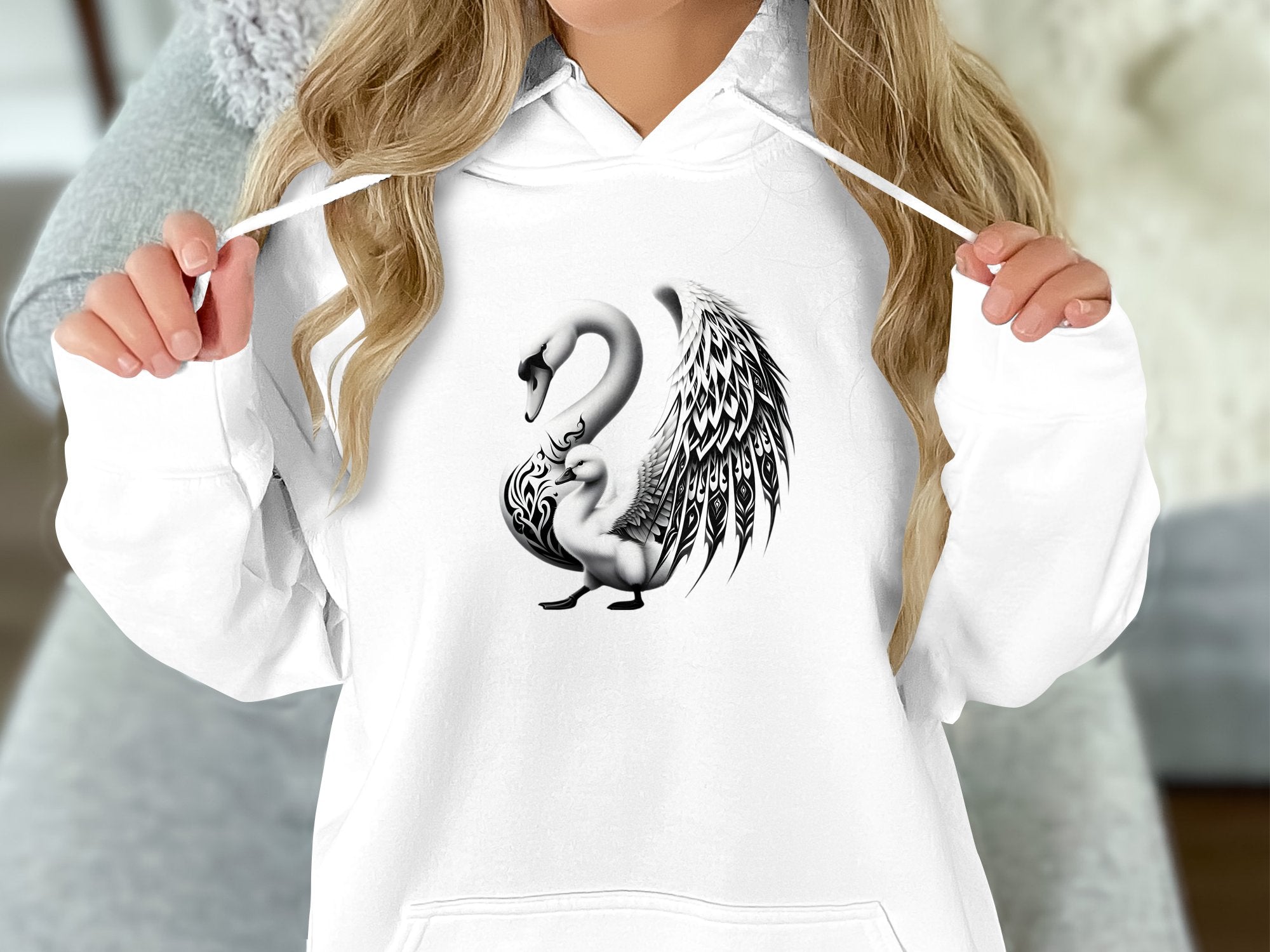 Swan & Cygnet- Black White Gildan Hoodie Realistic Family Talisman Unisex Tee Graphic Design