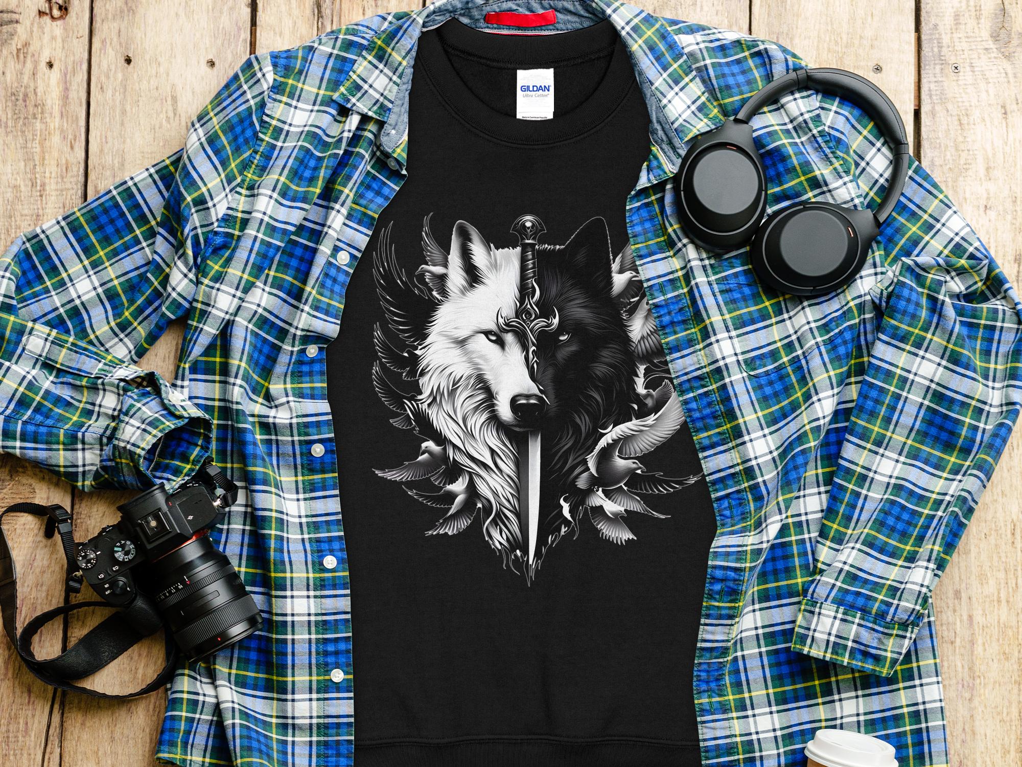 Wolf x Doves - Black White Gildan Sweatshirt Realistic Animal Talisman Unisex Tee Graphic Design