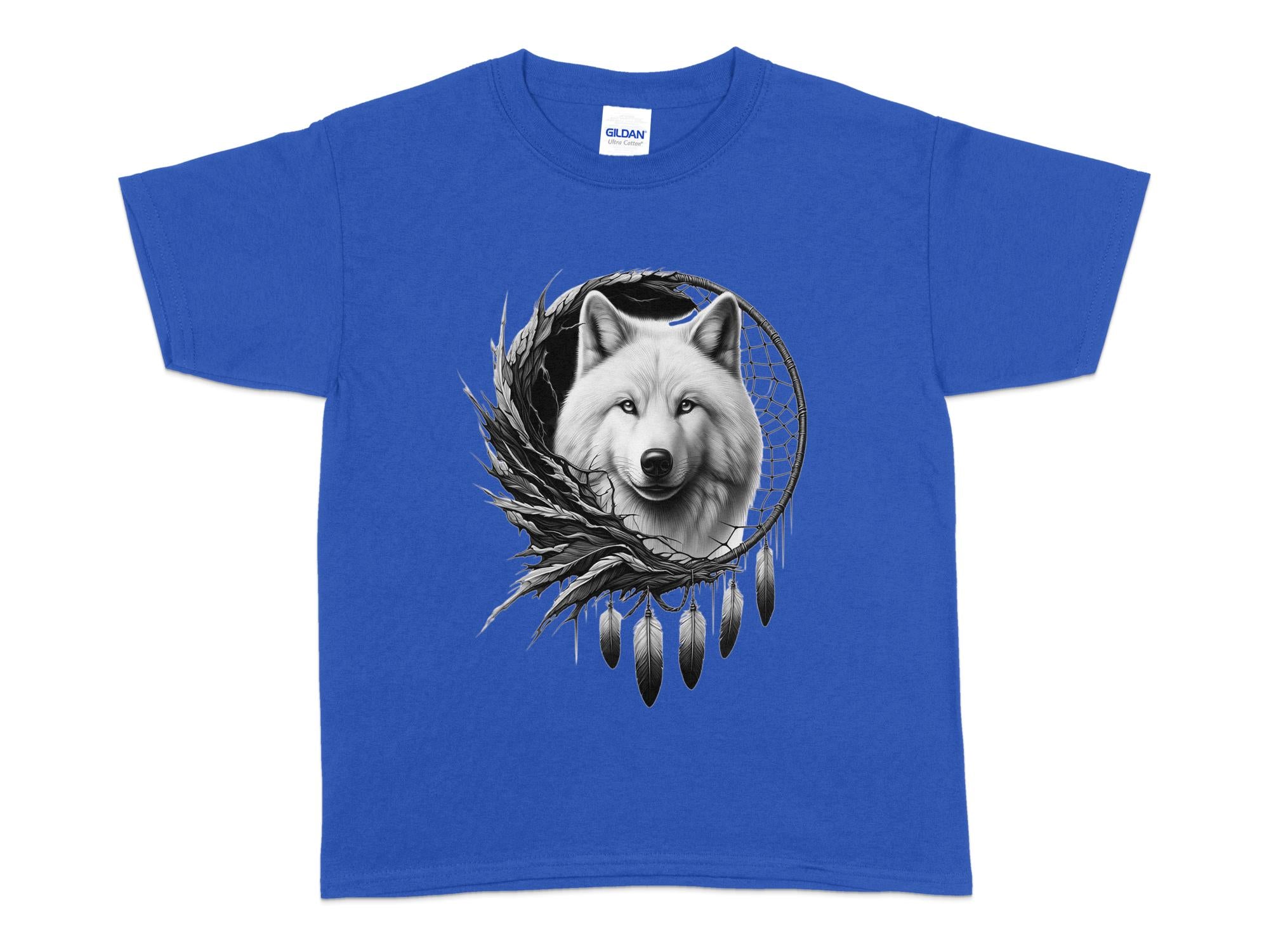 Dreamcatcher Wolf - Coloured Gildan Kids T-Shirt Realistic Native American Talisman Unisex Mythology Tee Graphic Design