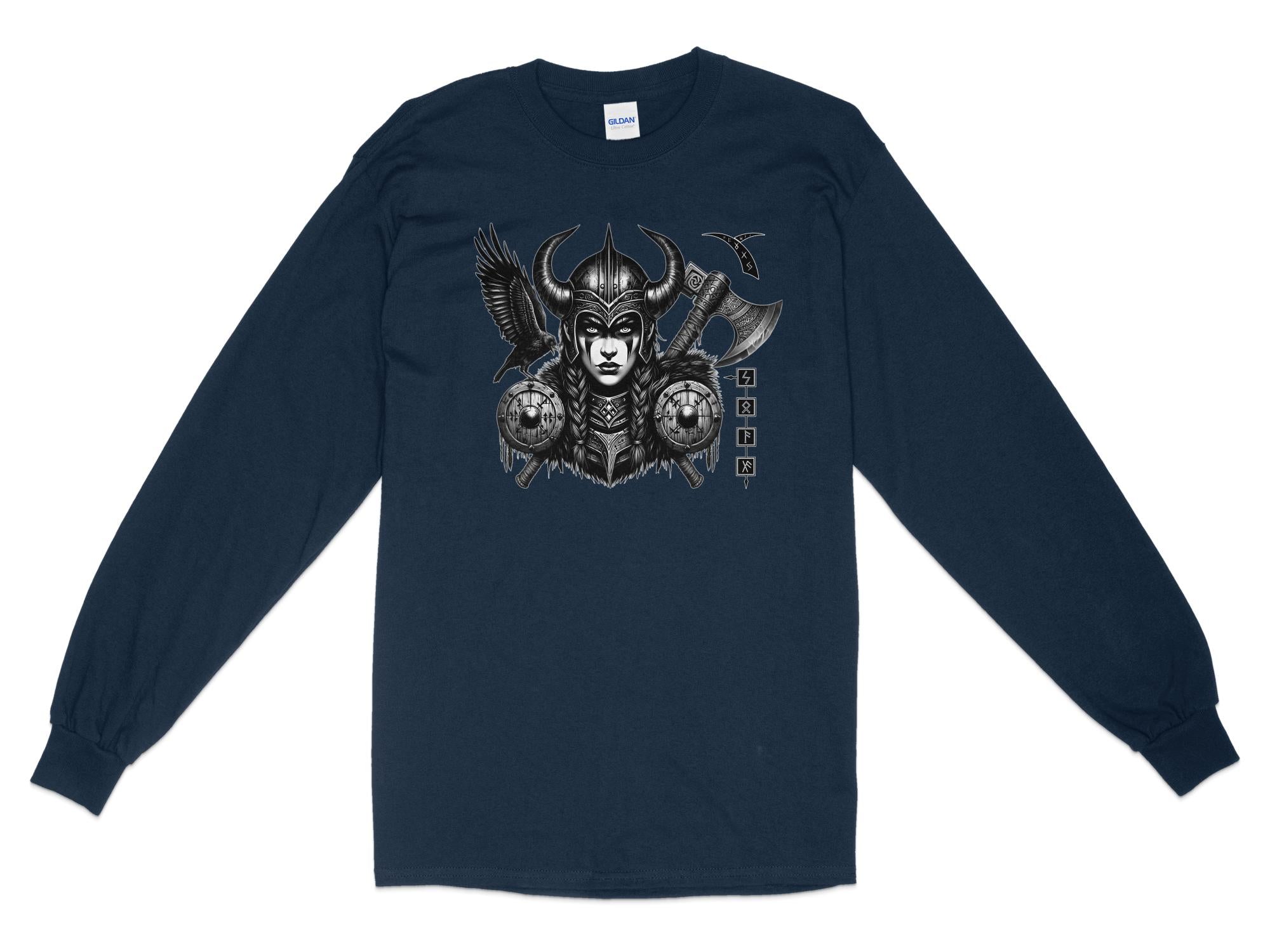 Viking Shield Maiden - Coloured Gildan Long Sleeve Realistic Norse Talisman Men Women Unisex Valhalla Tee Graphic Design