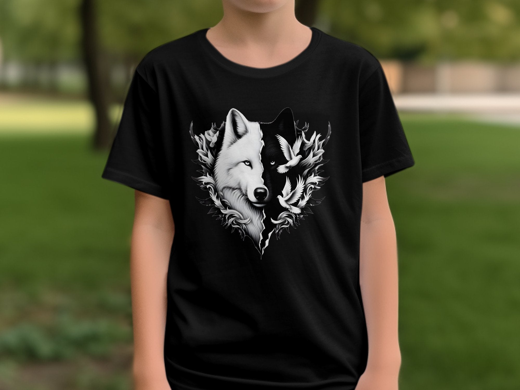 Wolf x Doves - Black White Gildan Kids T-Shirt Realistic Animal Talisman Unisex Tee Graphic Design