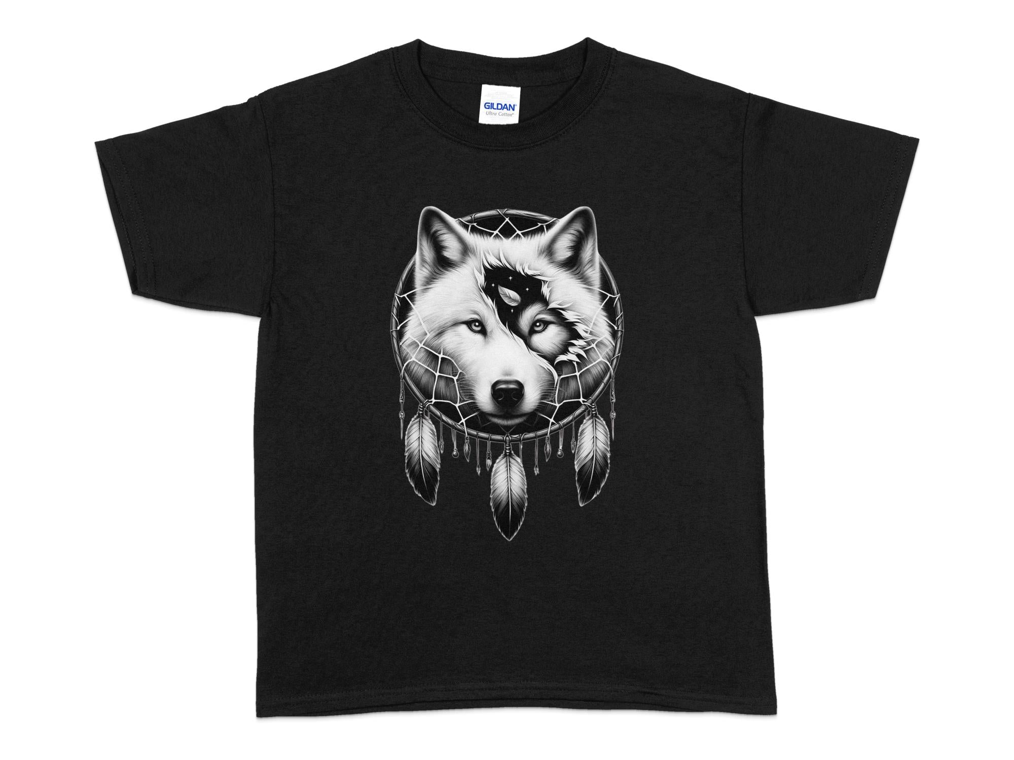 Dreamcatcher Wolf - Coloured Gildan Kids T-Shirt Realistic Native American Talisman Unisex Mythology Tee Graphic Design