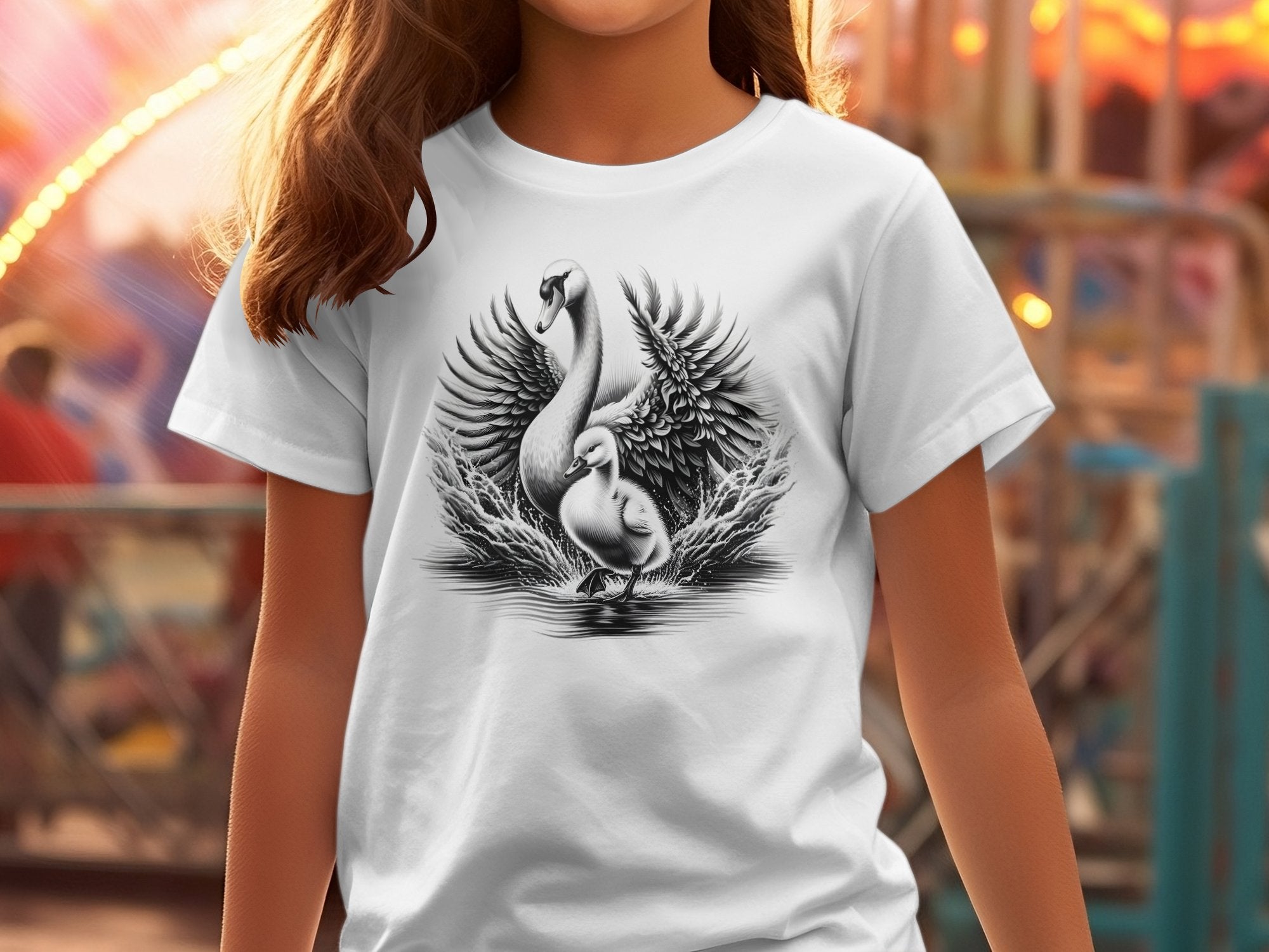 Swan & Cygnet- Black White Gildan Kids T-Shirt Realistic Family Talisman Unisex Tee Graphic Design