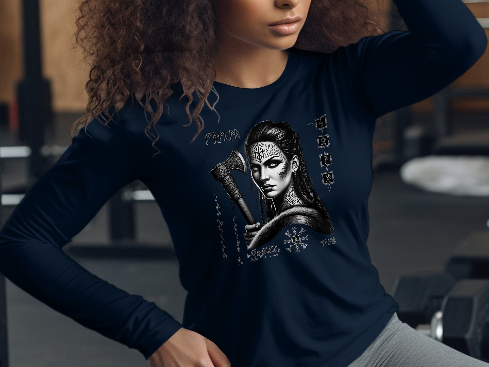 Viking Shield Maiden - Coloured Gildan Long Sleeve Realistic Norse Talisman Men Women Unisex Valhalla Tee Graphic Design