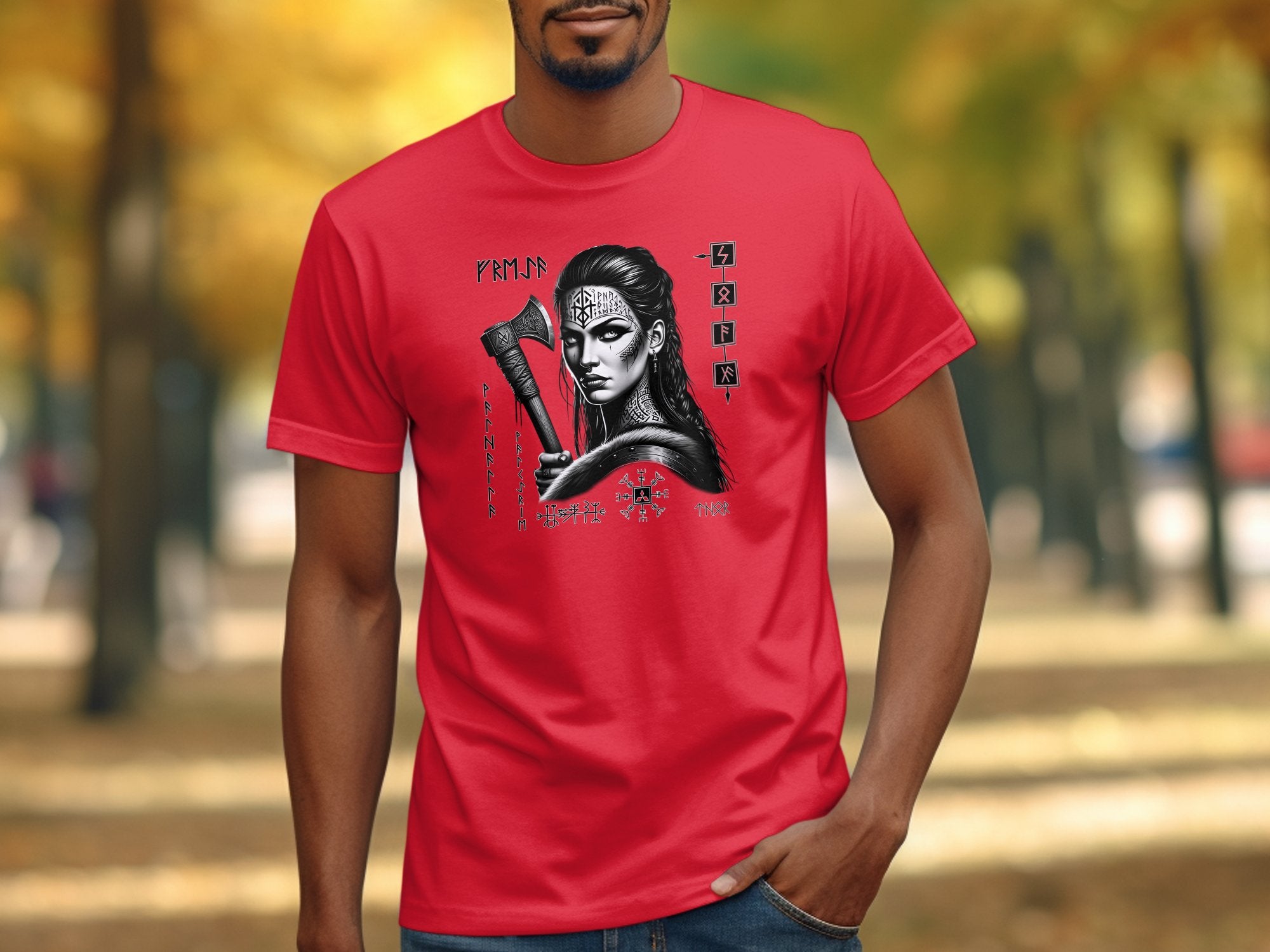 Viking Shield Maiden - Coloured Gildan T Shirt Realistic Norse Talisman Men Women Unisex Valhalla Tee Graphic Design