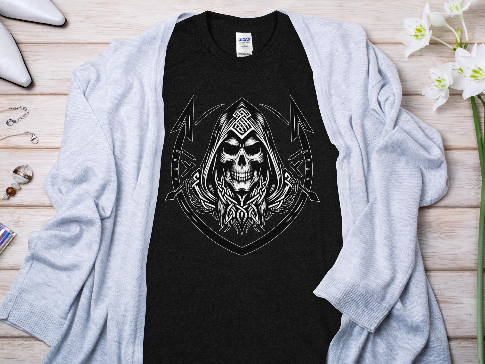 Grim Reaper - Black White Gildan T-Shirt Commemorative Talisman Unisex Tee Graphic Design