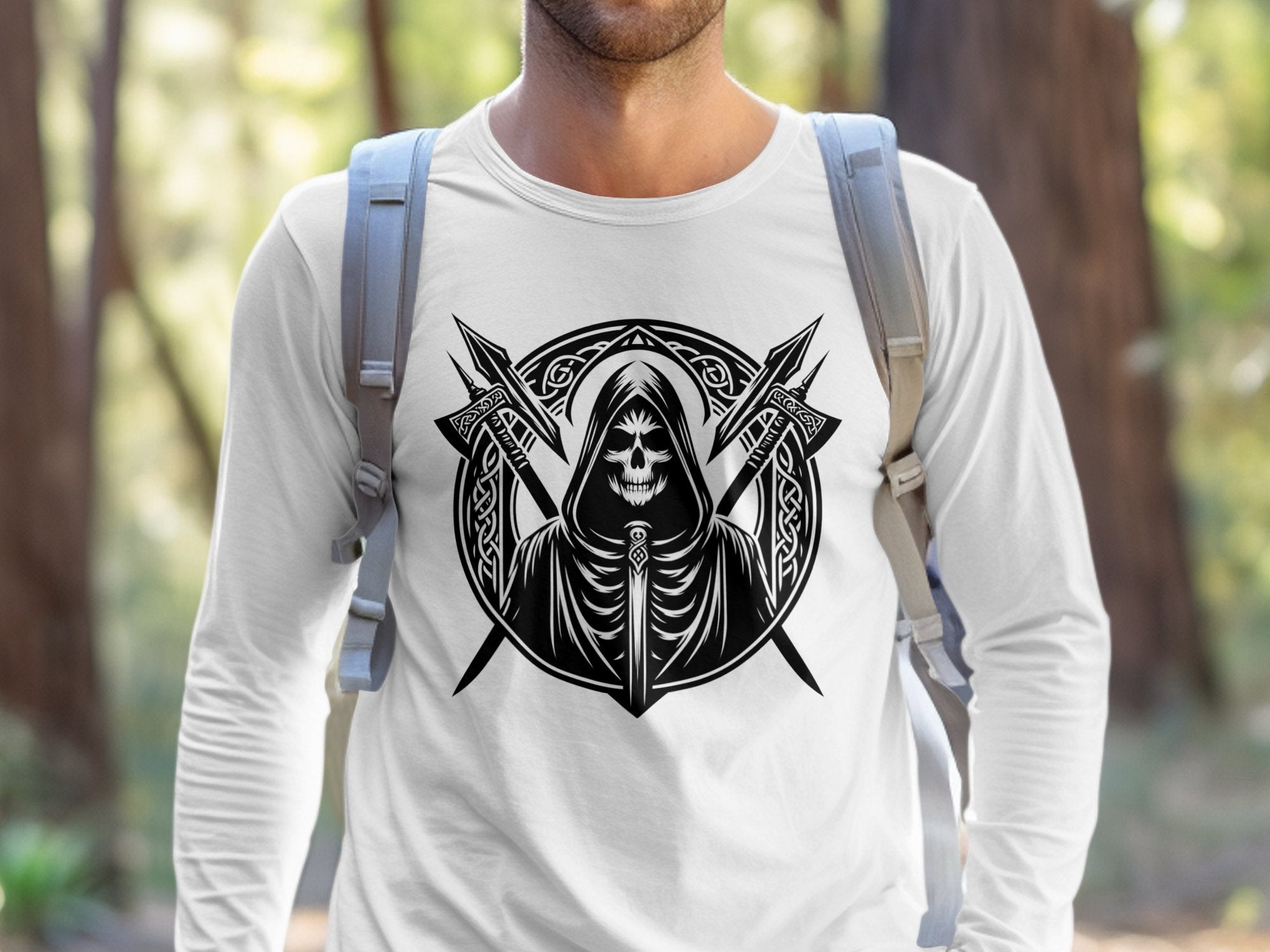 Grim Reaper - Black White Gildan Long Sleeve Commemorative Talisman Unisex Tee Graphic Design