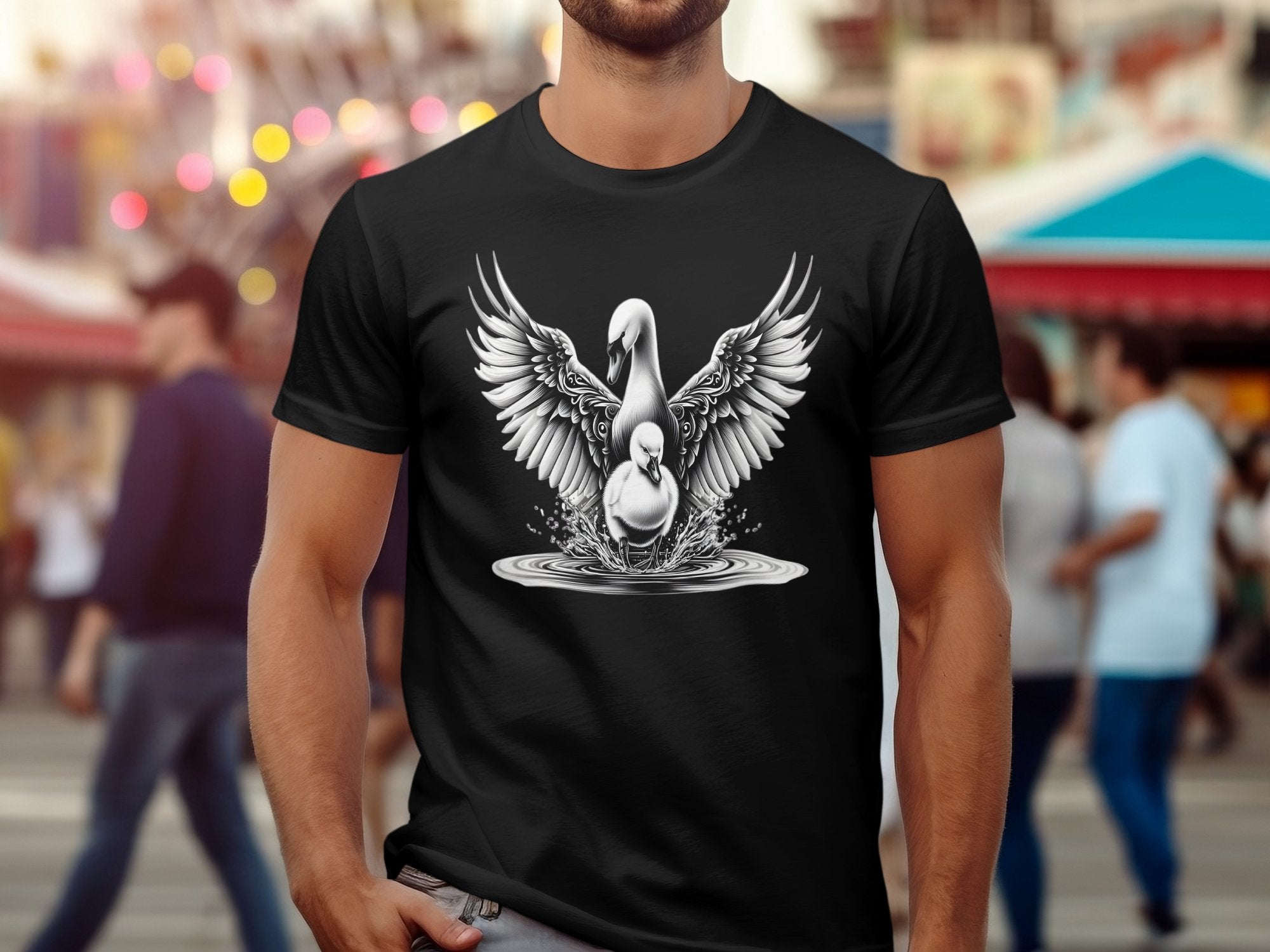 Swan & Cygnet- Black White Gildan T-Shirt Realistic Family Talisman Unisex Tee Graphic Design