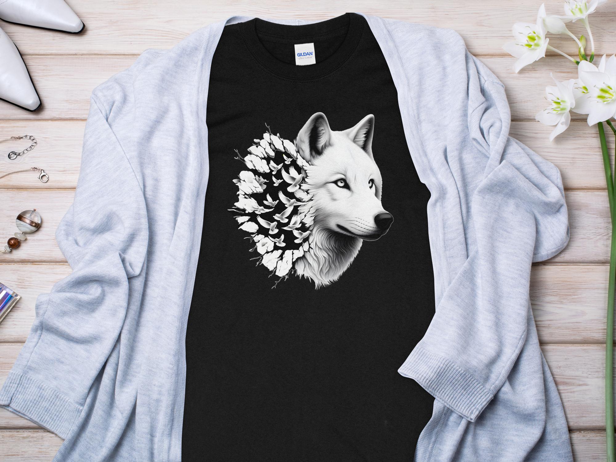 Wolf x Doves - Black White Gildan Long Sleeve Realistic Animal Talisman Unisex Tee Graphic Design