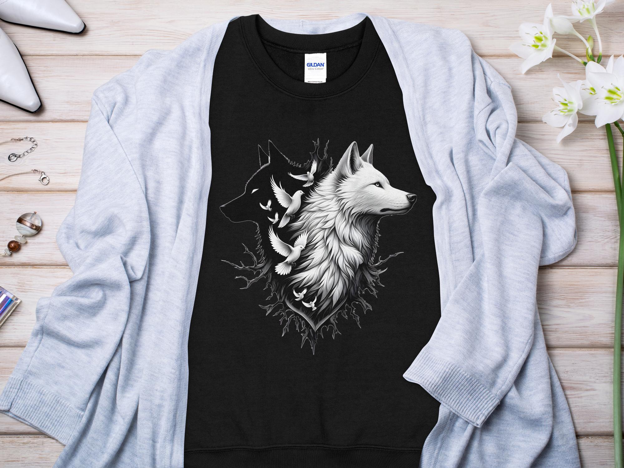 Wolf x Doves - Black White Gildan Sweatshirt Realistic Animal Talisman Unisex Tee Graphic Design