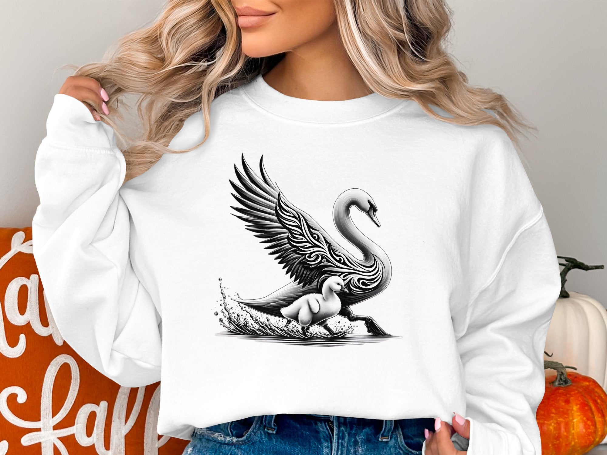 Swan & Cygnet- Black White Gildan Sweatshirt Realistic Family Talisman Unisex Tee Graphic Design