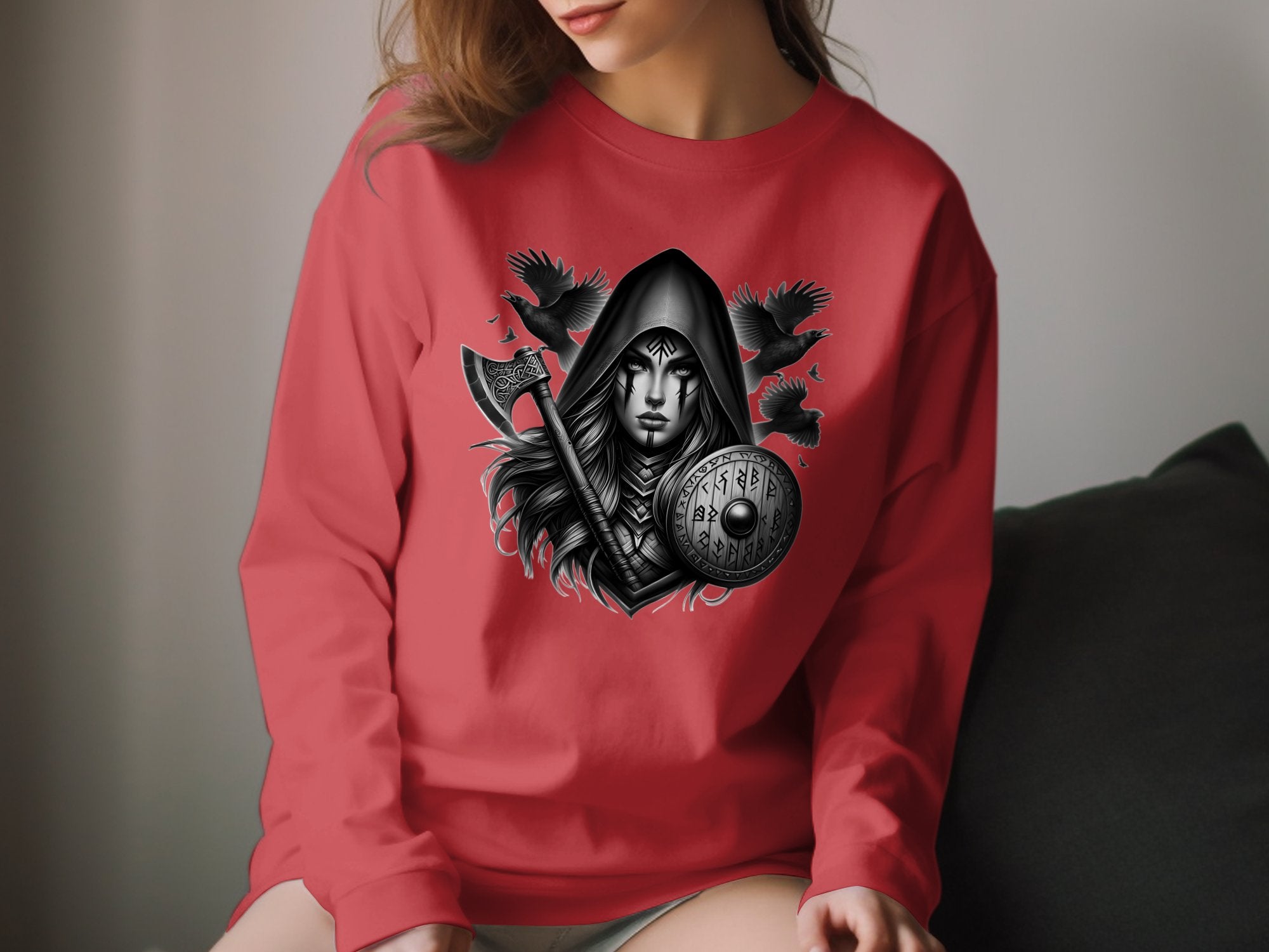 Viking Shield Maiden - Coloured Gildan Long Sleeve Realistic Norse Talisman Men Women Unisex Valhalla Tee Graphic Design