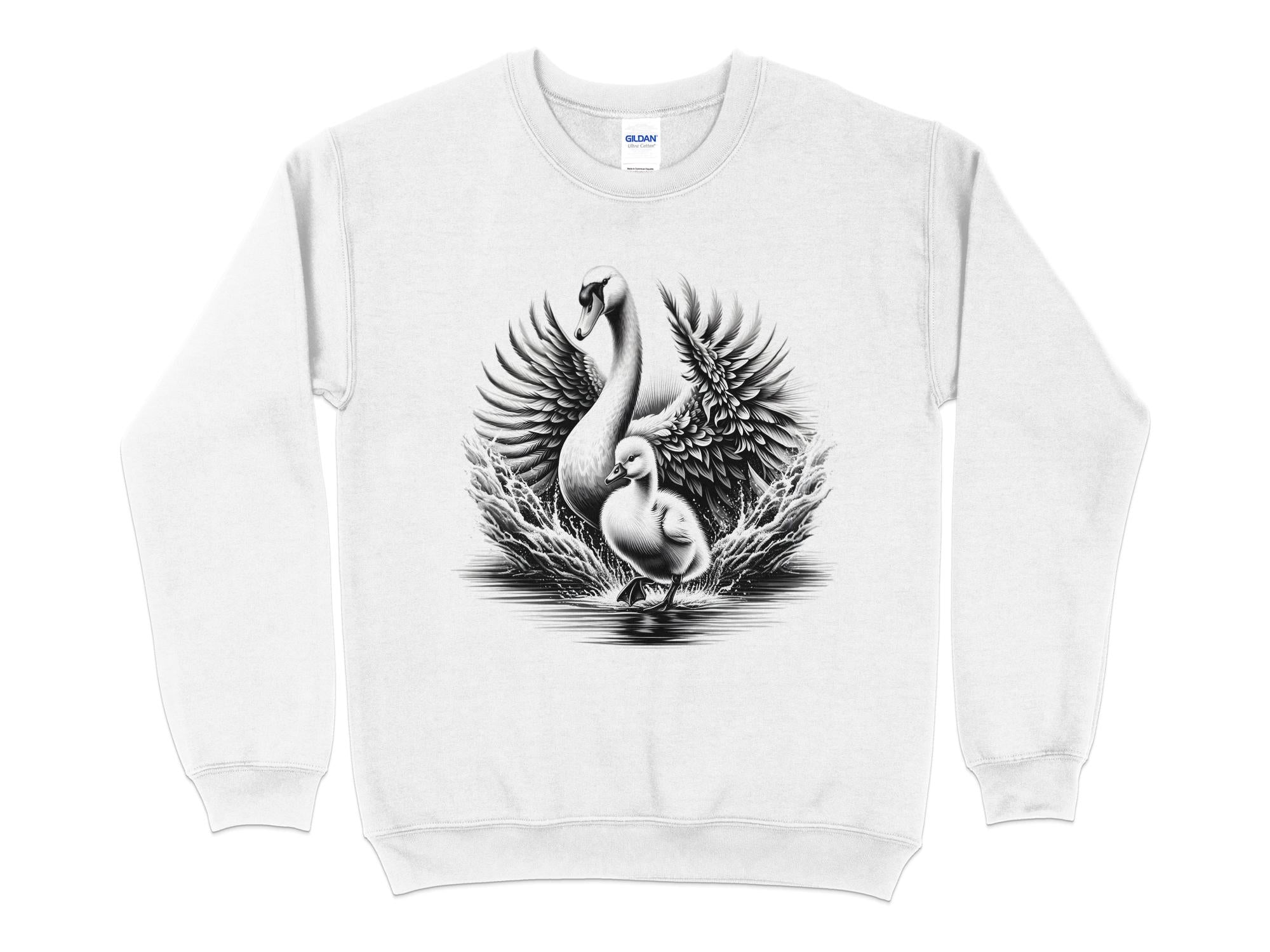 Swan & Cygnet- Black White Gildan Sweatshirt Realistic Family Talisman Unisex Tee Graphic Design