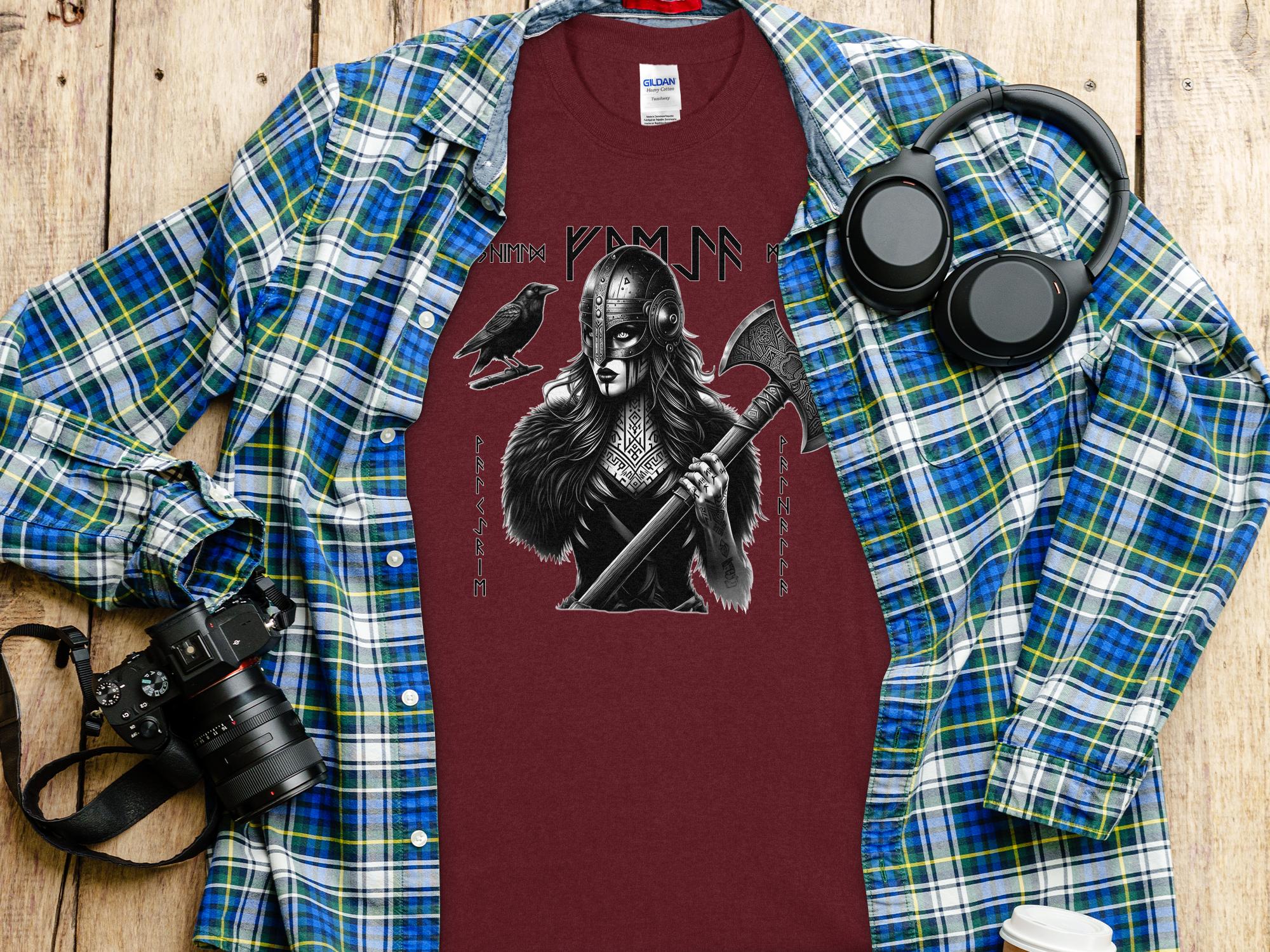 Viking Shield Maiden - Coloured Gildan T Shirt Realistic Norse Talisman Men Women Unisex Valhalla Tee Graphic Design