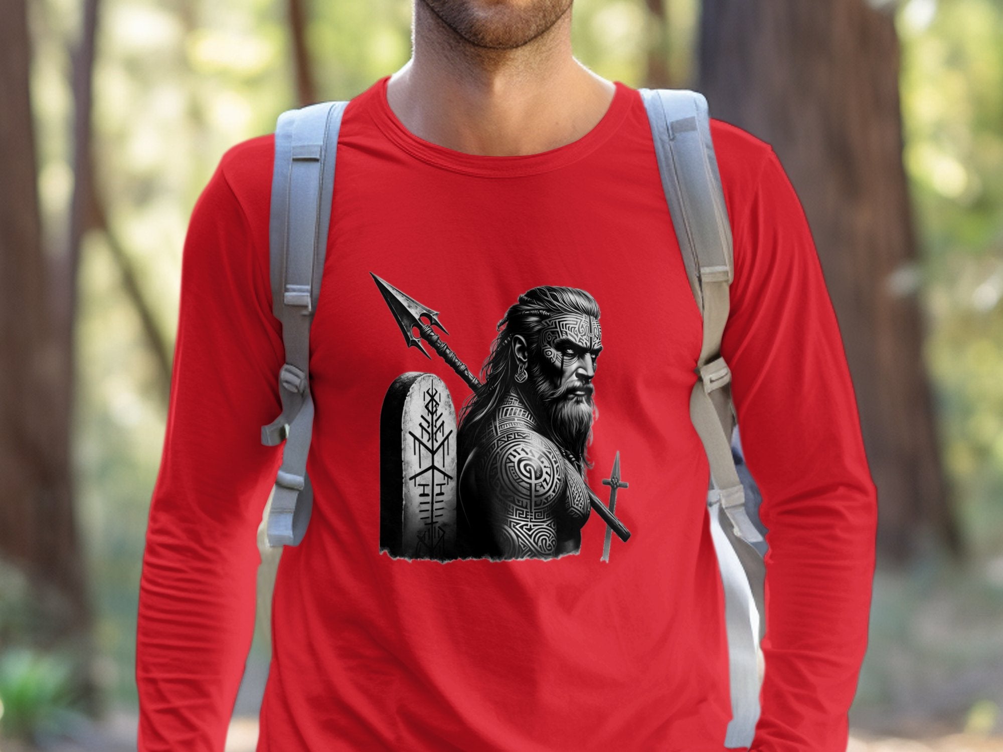 Viking Heroism - Coloured Gildan Long Sleeve Realistic Norse Talisman Men Women Unisex Valhalla Tee Graphic Design