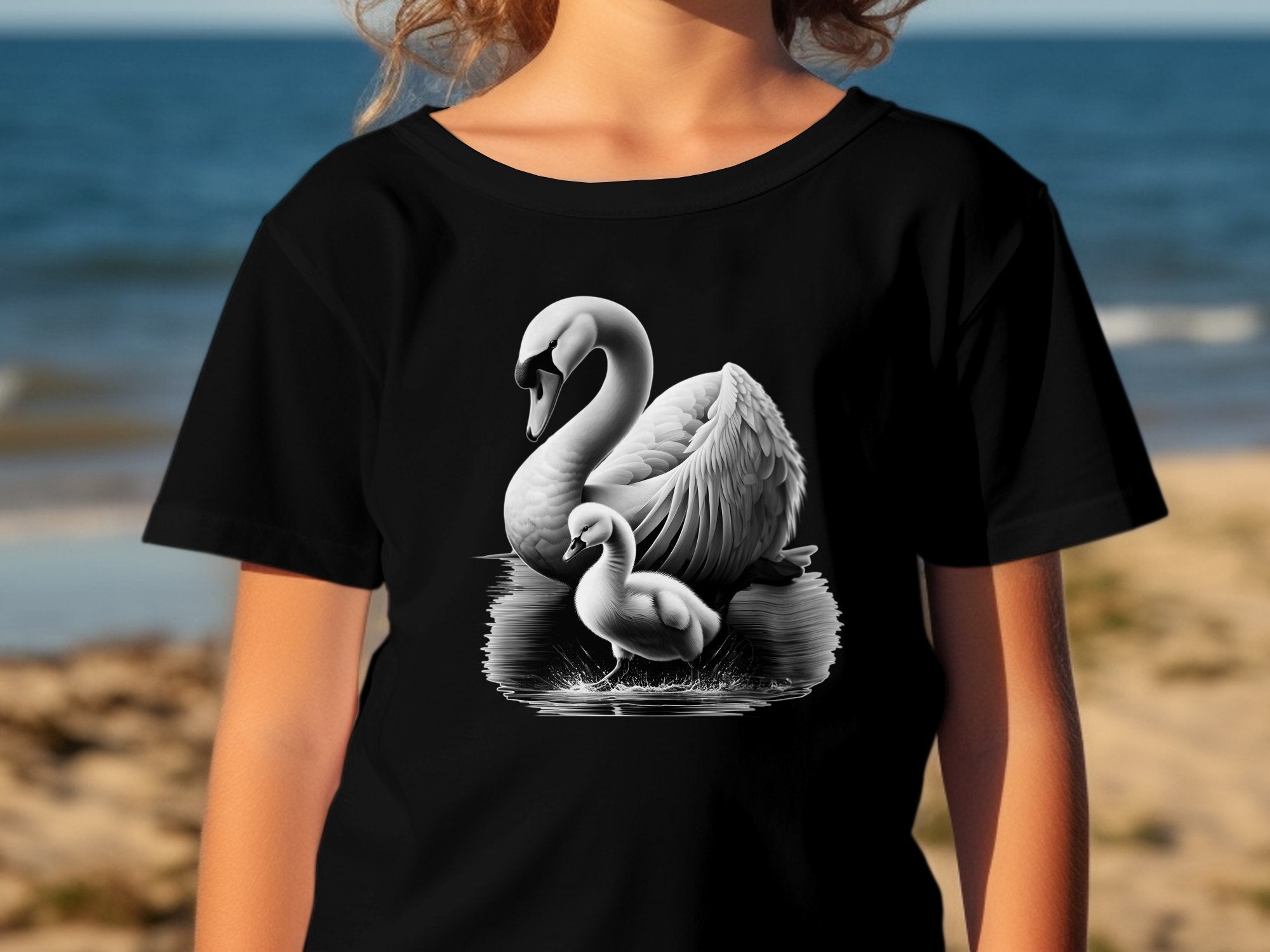 Swan & Cygnet- Black White Gildan Kids T-Shirt Realistic Family Talisman Unisex Tee Graphic Design