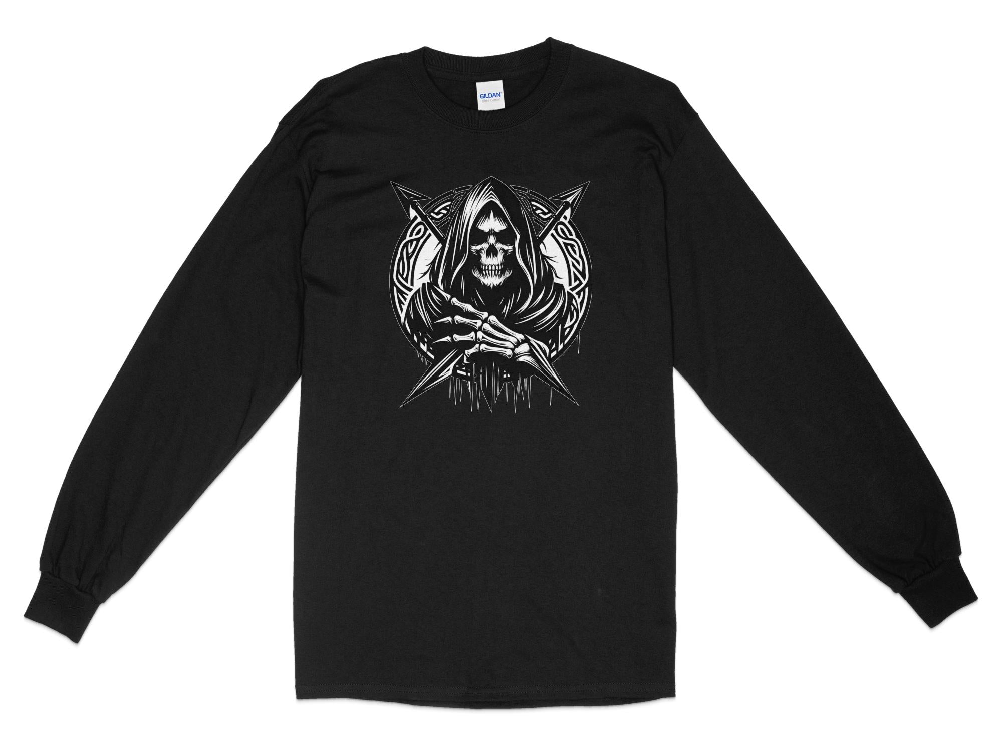 Grim Reaper - Black White Gildan Long Sleeve Commemorative Talisman Unisex Tee Graphic Design