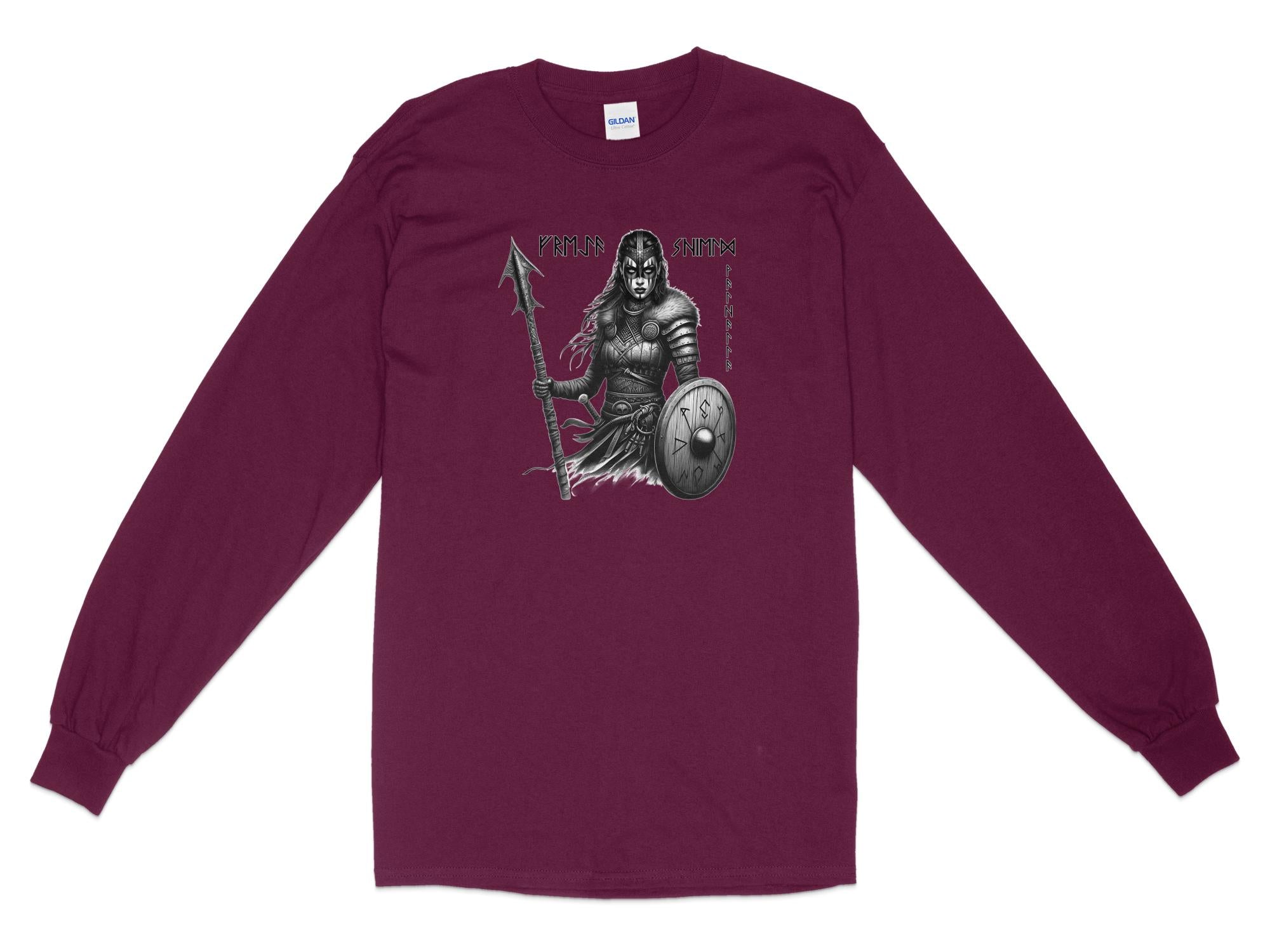 Viking Shield Maiden - Coloured Gildan Long Sleeve Realistic Norse Talisman Men Women Unisex Valhalla Tee Graphic Design