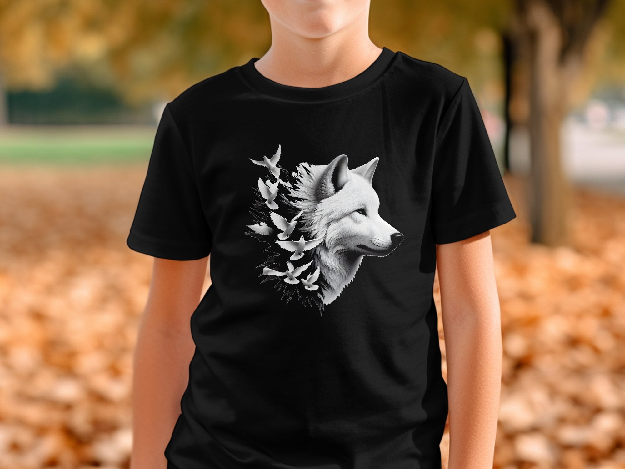 Wolf x Doves - Black White Gildan Kids T-Shirt Realistic Animal Talisman Unisex Tee Graphic Design