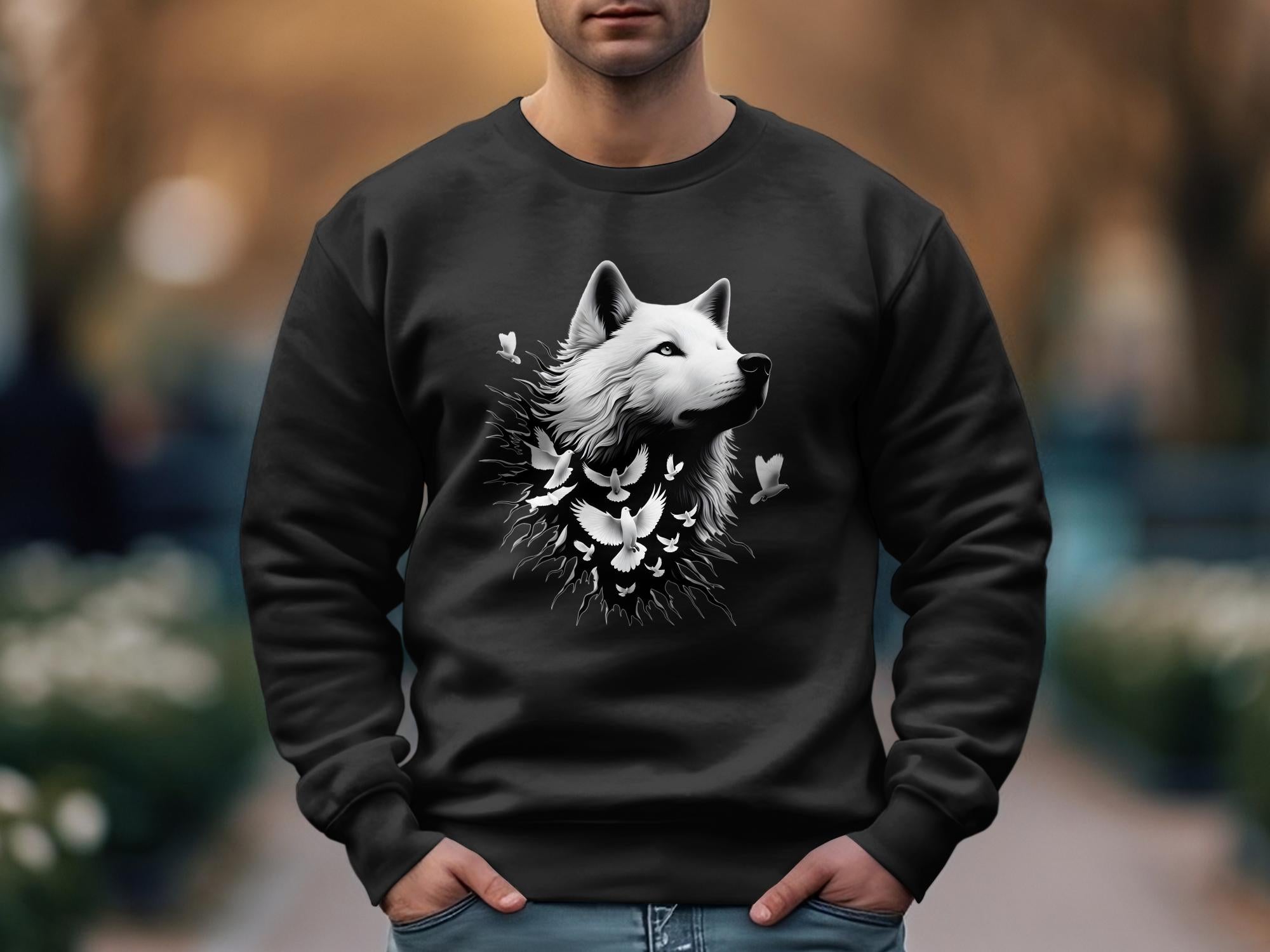 Wolf x Doves - Black White Gildan Sweatshirt Realistic Animal Talisman Unisex Tee Graphic Design