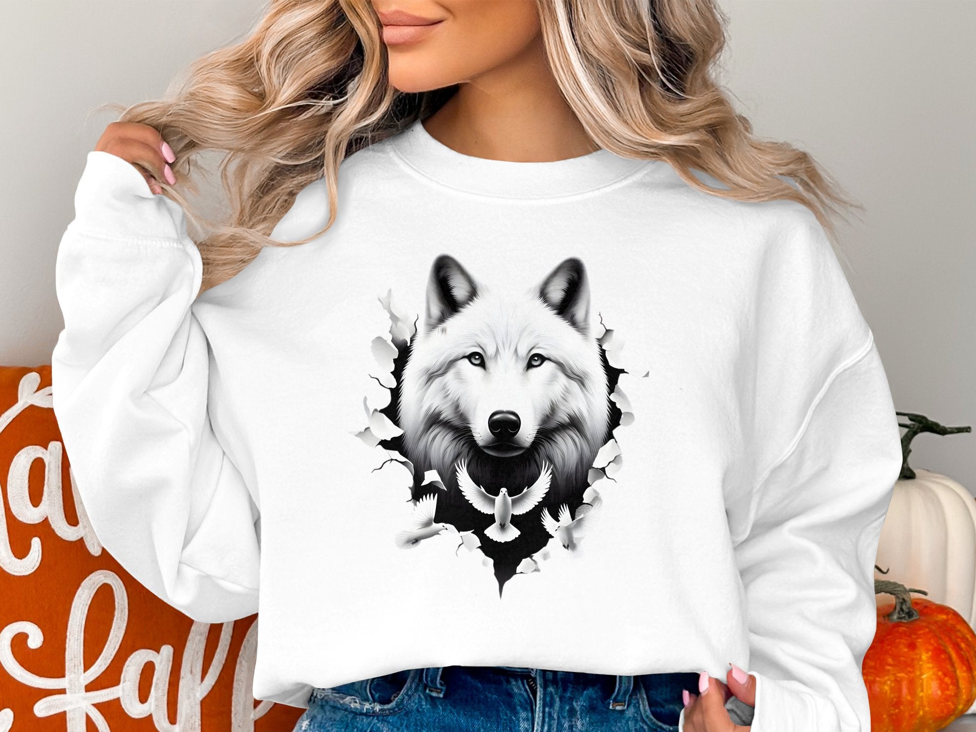 Wolf x Doves - Black White Gildan Sweatshirt Realistic Animal Talisman Unisex Tee Graphic Design