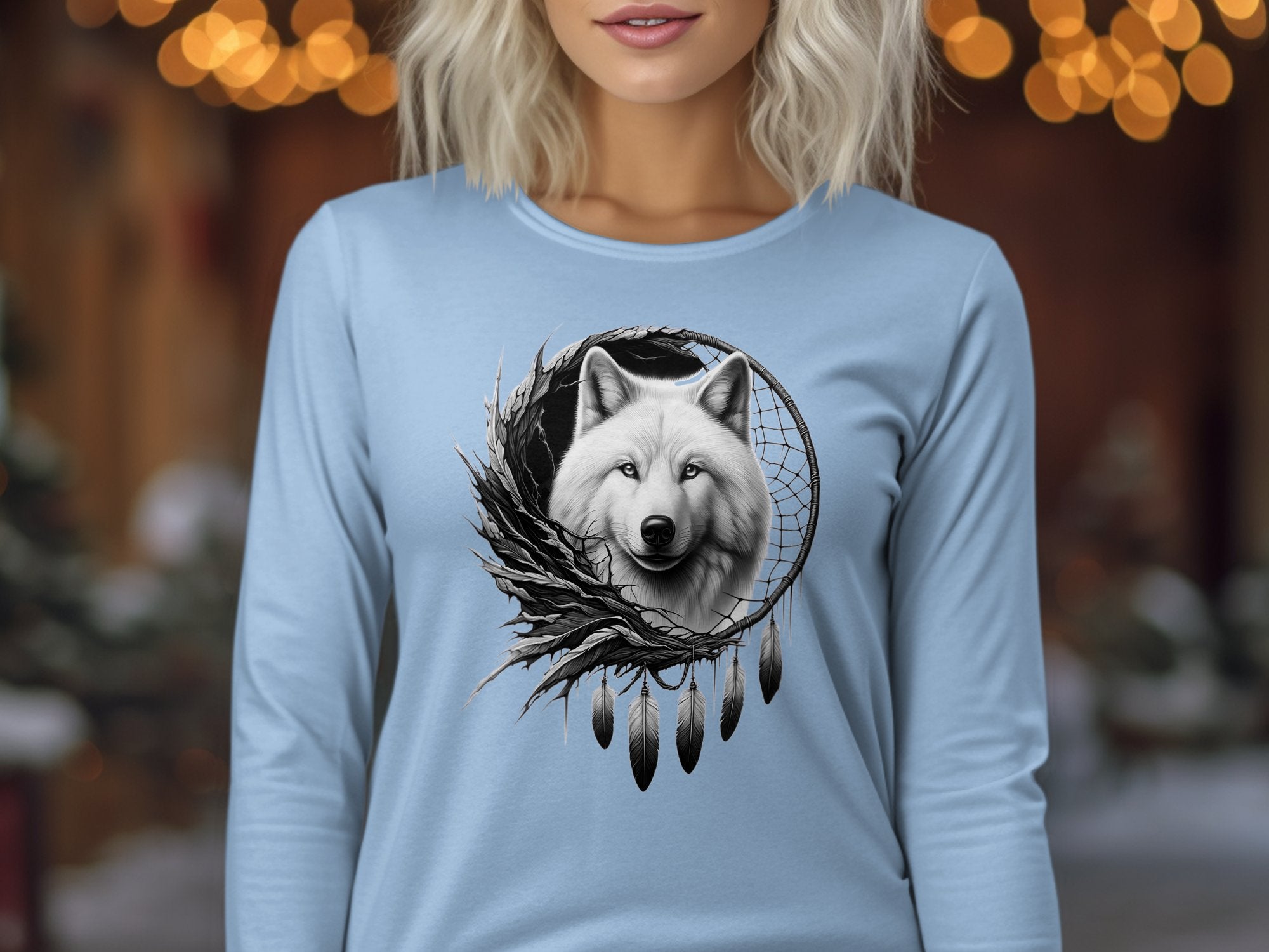 Dreamcatcher Wolf - Coloured Gildan Long Sleeve Realistic Native American Talisman Unisex Mythology Tee Graphic Design