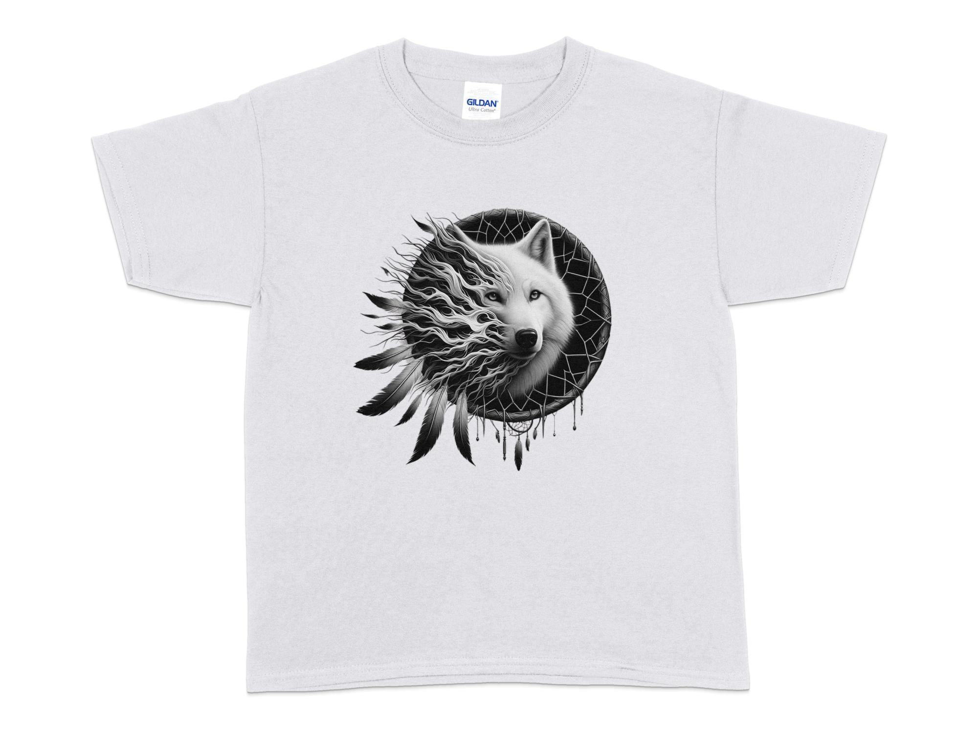 Dreamcatcher Wolf - Coloured Gildan Kids T-Shirt Realistic Native American Talisman Unisex Mythology Tee Graphic Design