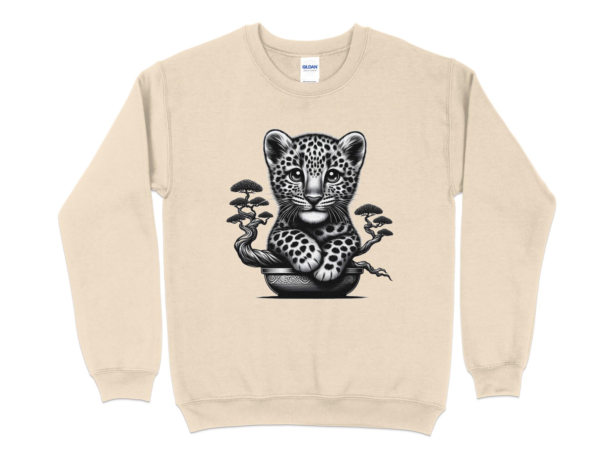 Leopard Bonsai - Coloured Gildan Sweatshirt Realistic Animal Talisman Unisex Cute Tee Graphic Design