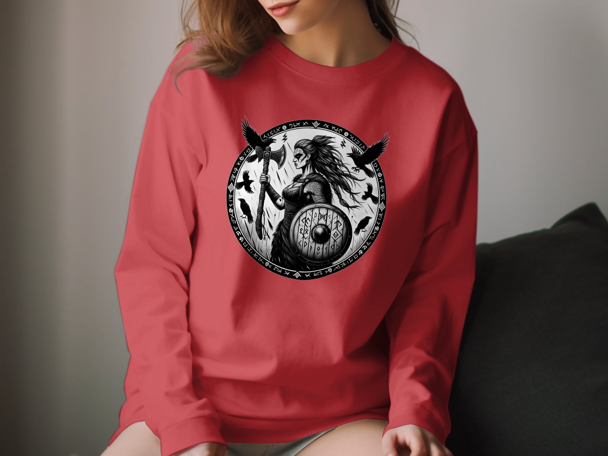 Viking Shield Maiden - Coloured Gildan Long Sleeve Realistic Norse Talisman Men Women Unisex Valhalla Tee Graphic Design