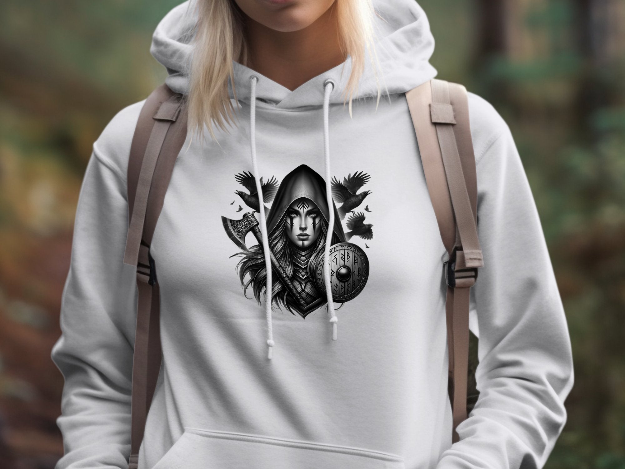 Viking Shield Maiden - Coloured Gildan Hoodie Realistic Norse Talisman Men Women Unisex Valhalla Tee Graphic Design