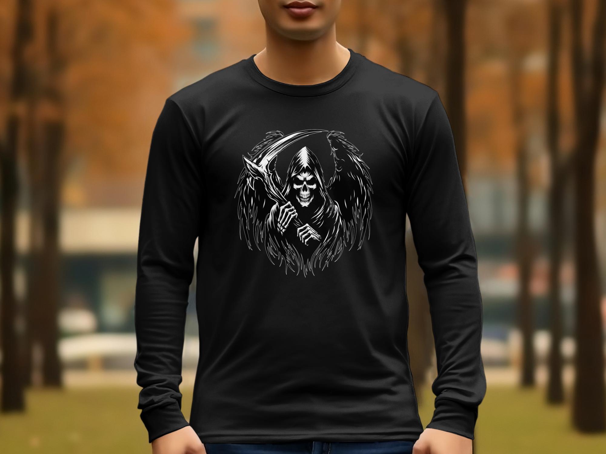 Grim Reaper - Black White Gildan Long Sleeve Commemorative Talisman Unisex Tee Graphic Design