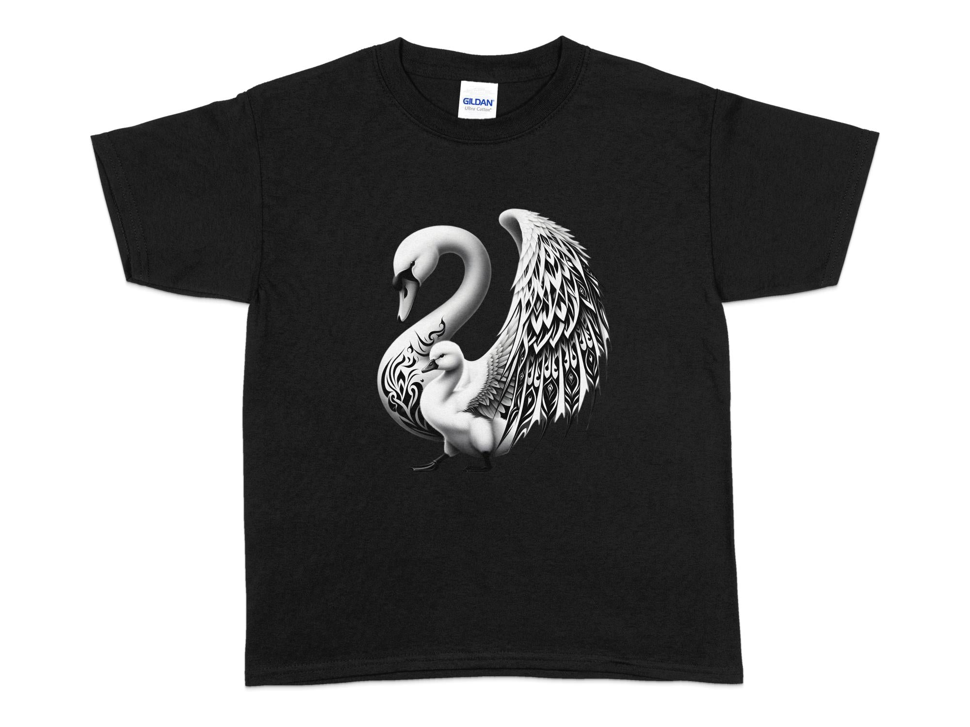 Swan & Cygnet- Black White Gildan Kids T-Shirt Realistic Family Talisman Unisex Tee Graphic Design