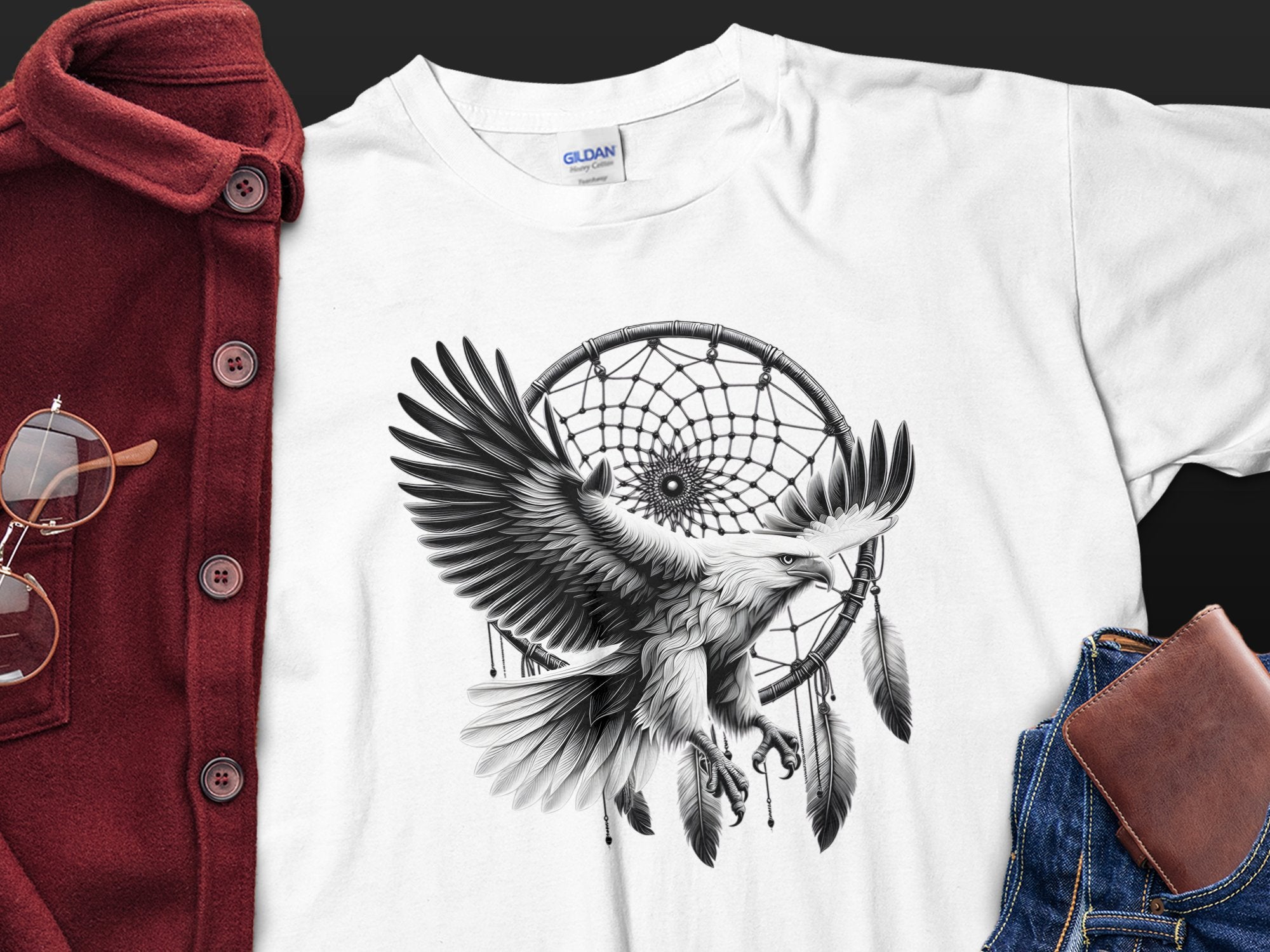 Dreamcatcher Eagle - Coloured Gildan T-Shirt Realistic Native American Talisman Unisex Mythology Tee Graphic Design