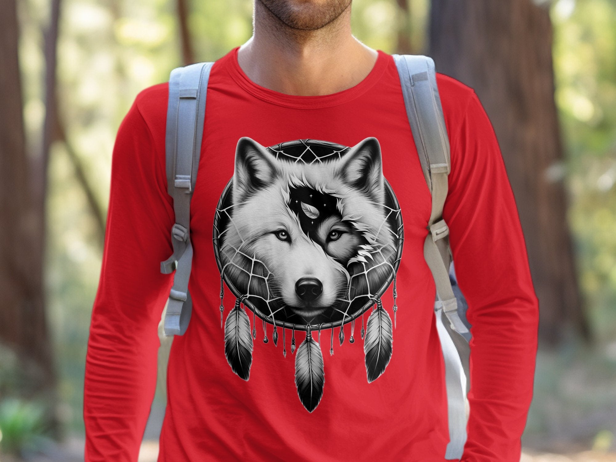 Dreamcatcher Wolf - Coloured Gildan Long Sleeve Realistic Native American Talisman Unisex Mythology Tee Graphic Design