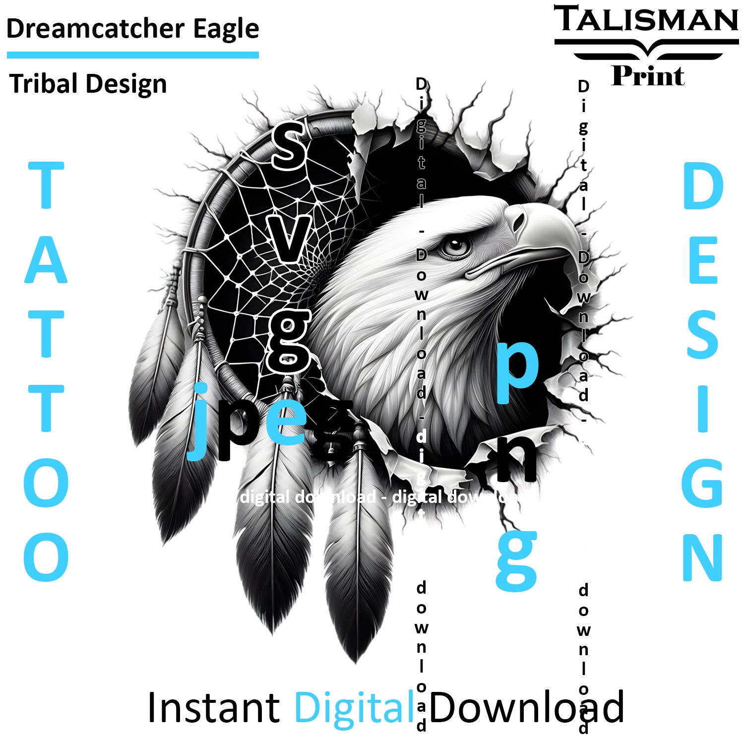 Dreamcatcher Eagle - Digital Art | PNG, JPEG & SVG | Instant Download for Apparel, Décor and Wall Art