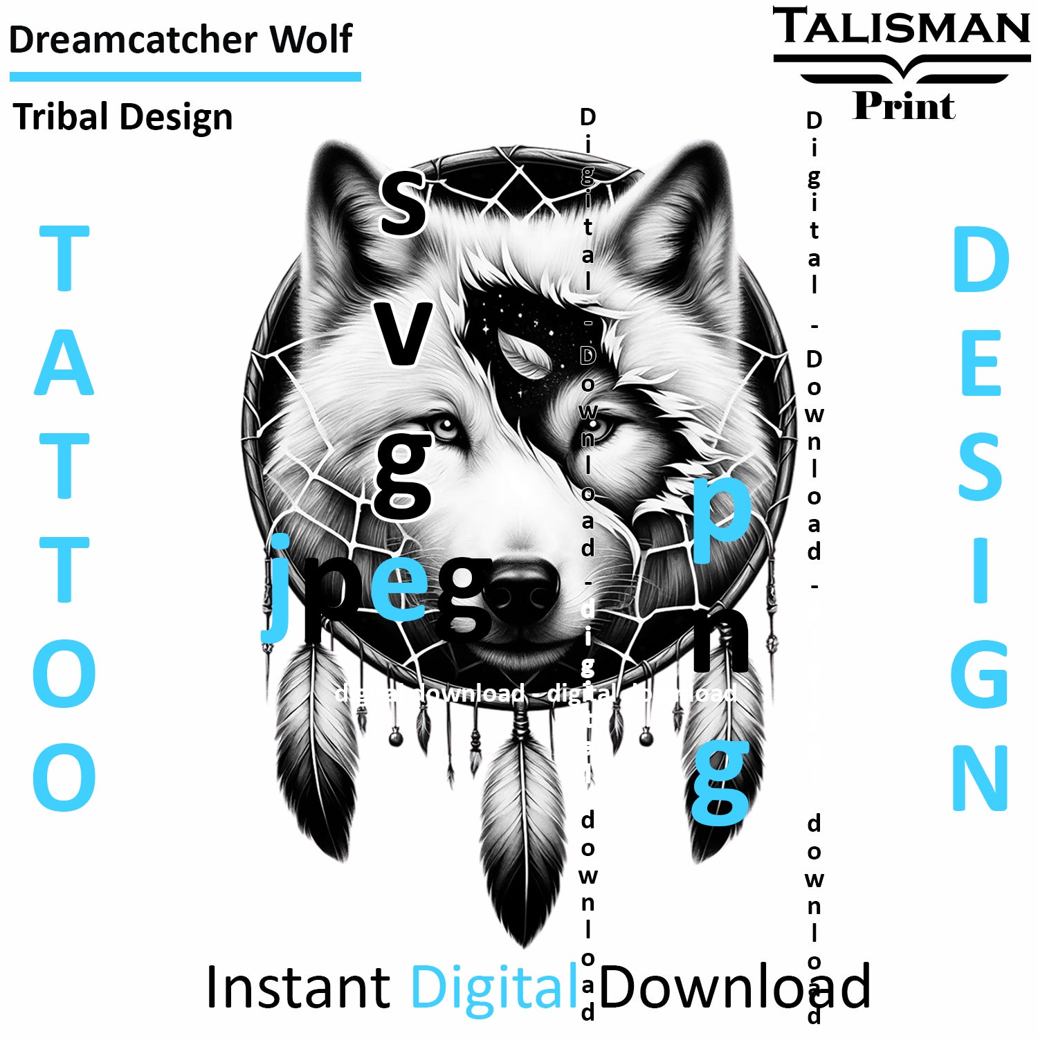 Dreamcatcher Wolf - Digital Art | PNG, JPEG & SVG | Instant Download for Apparel, Décor and Wall Art