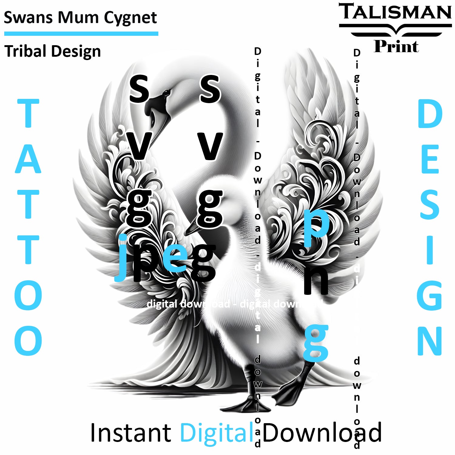 Swan and Cygnet - Digital Art | PNG, JPEG & SVG | Instant Download for Apparel, Décor and Wall Art