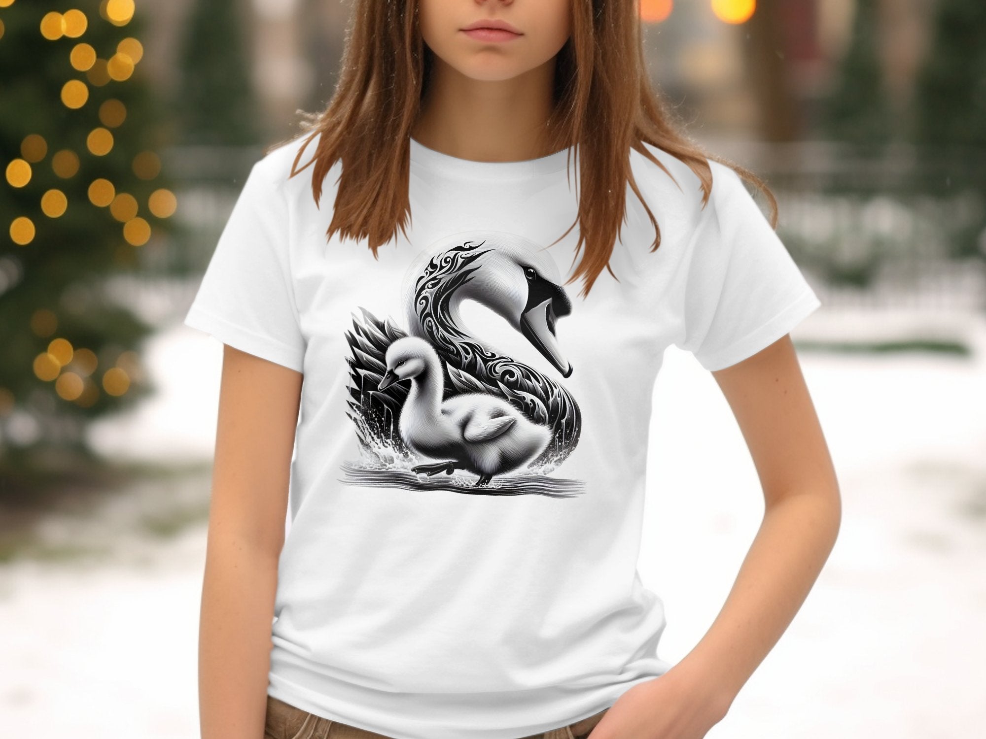 Swan & Cygnet- Black White Gildan Kids T-Shirt Realistic Family Talisman Unisex Tee Graphic Design