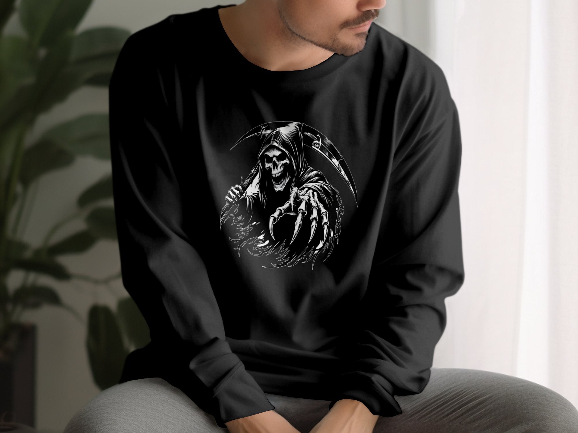 Grim Reaper - Black White Gildan Long Sleeve Commemorative Talisman Unisex Tee Graphic Design