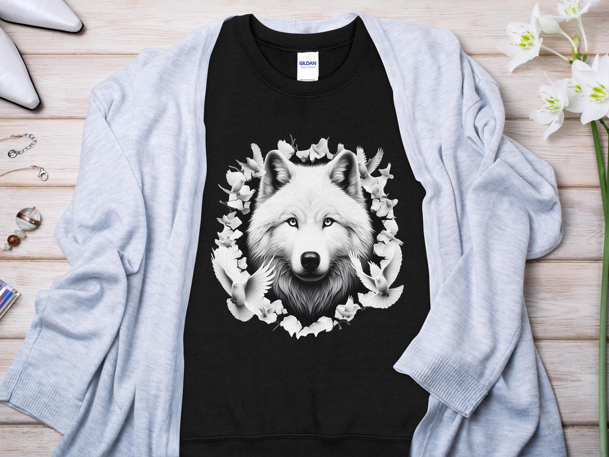 Wolf x Doves - Black White Gildan Sweatshirt Realistic Animal Talisman Unisex Tee Graphic Design