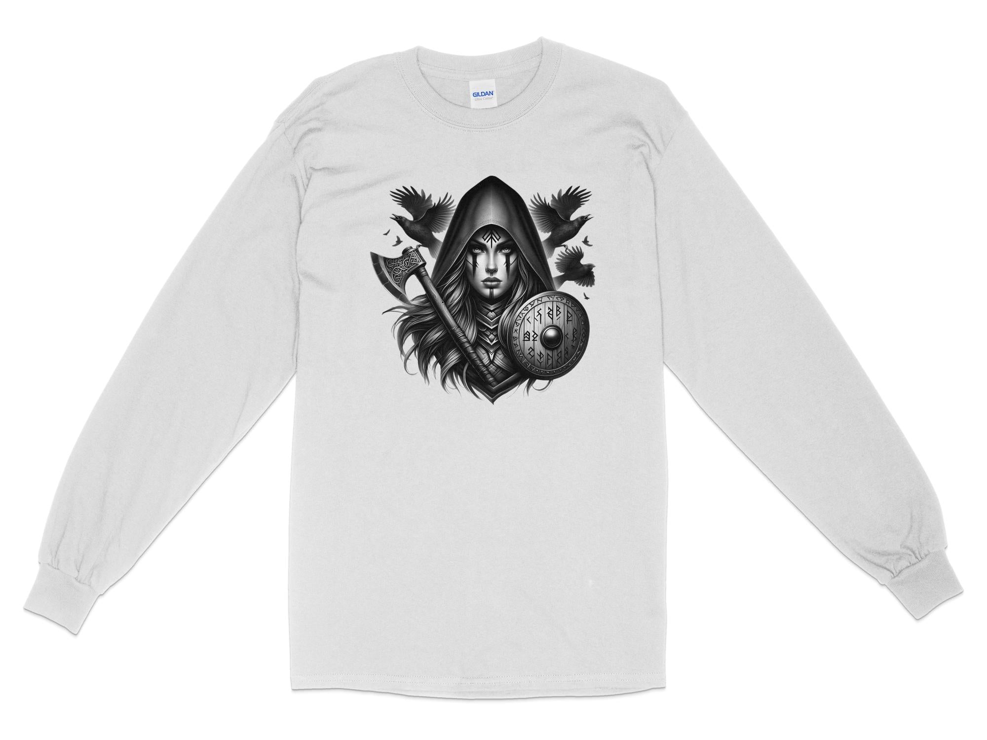 Viking Shield Maiden - Coloured Gildan Long Sleeve Realistic Norse Talisman Men Women Unisex Valhalla Tee Graphic Design