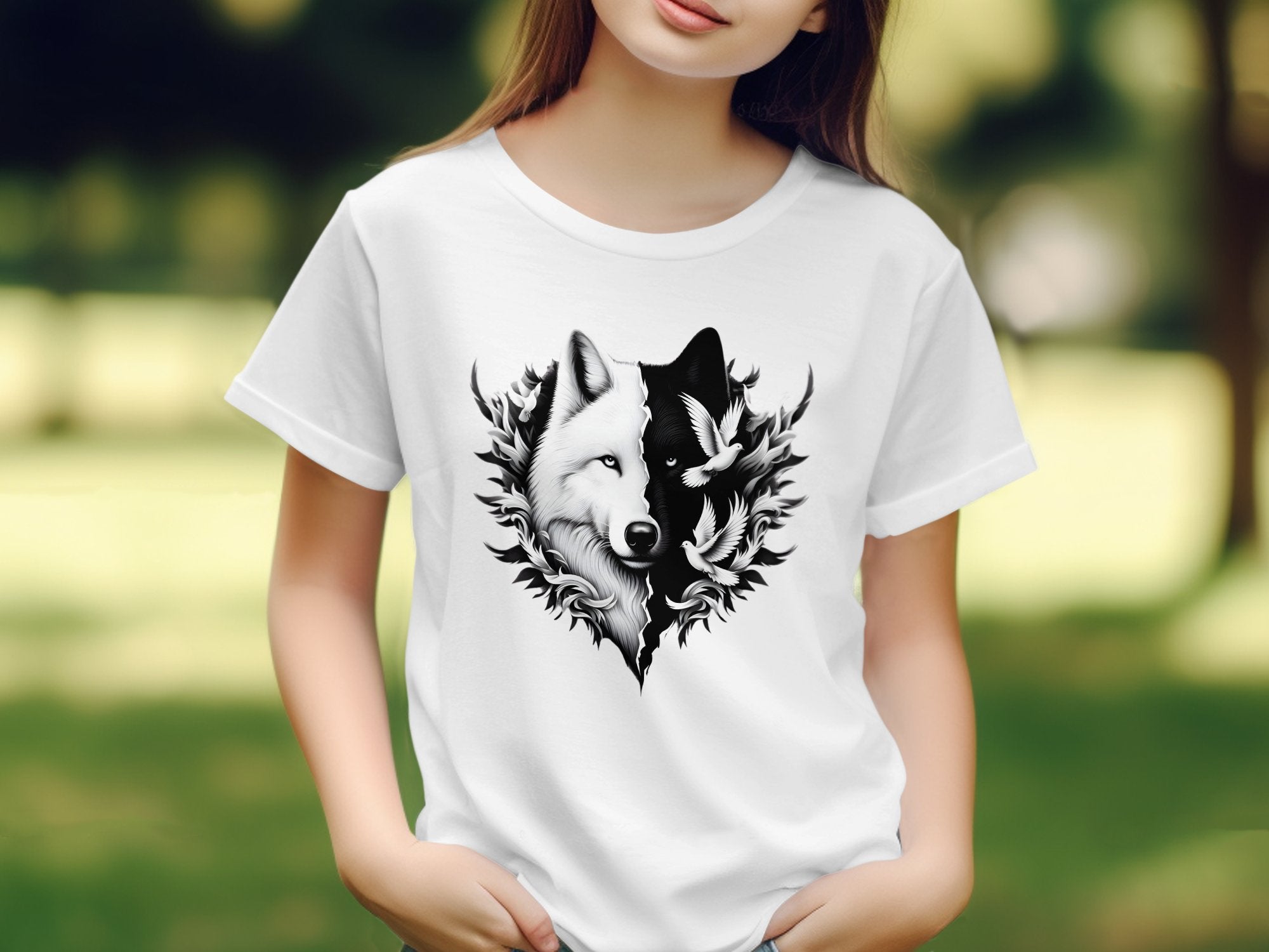 Wolf x Doves - Black White Gildan Kids T-Shirt Realistic Animal Talisman Unisex Tee Graphic Design