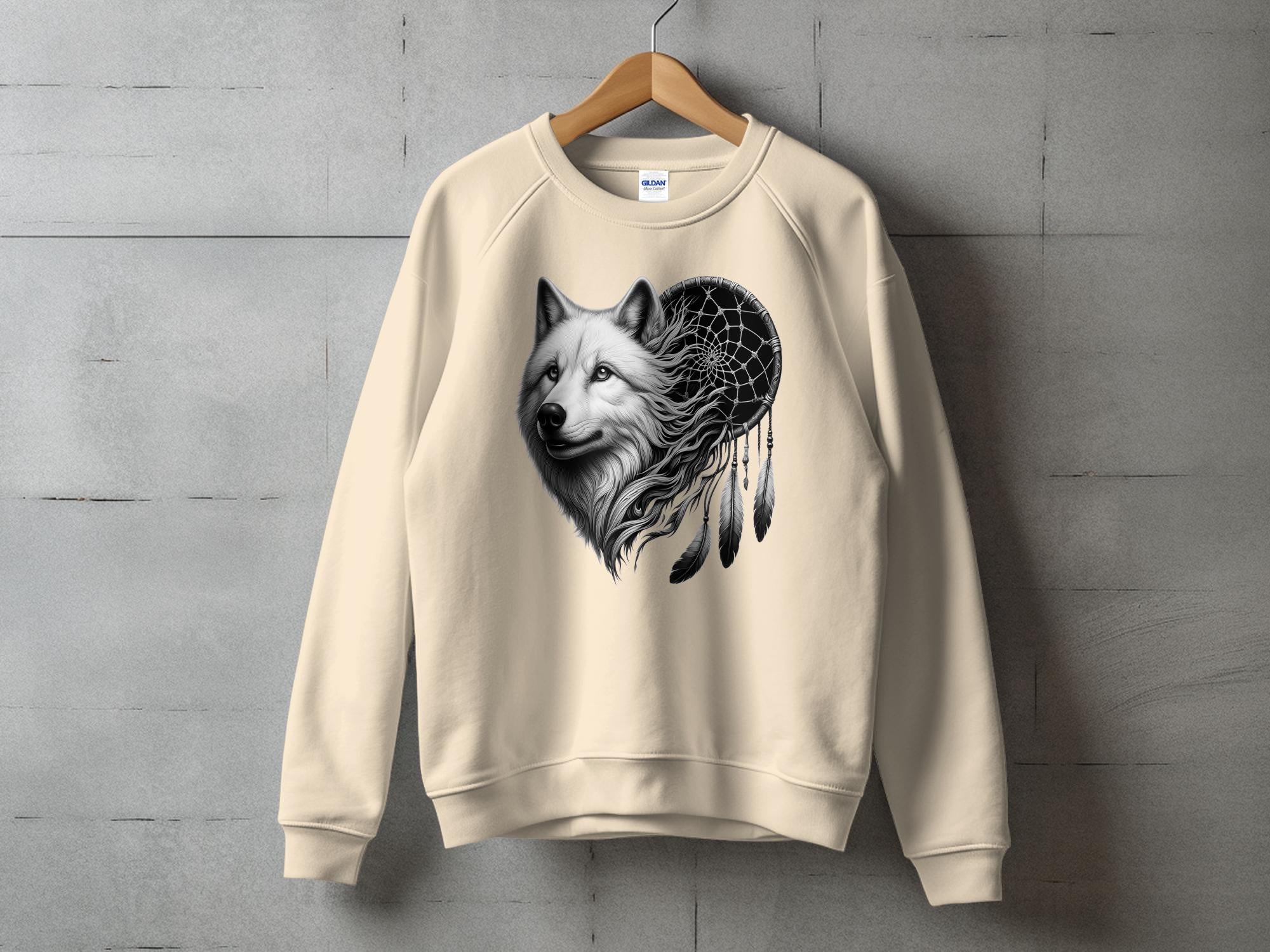 Dreamcatcher Wolf - Coloured Gildan Sweatshirt Realistic Native American Talisman Unisex Mythology Tee Graphic Design